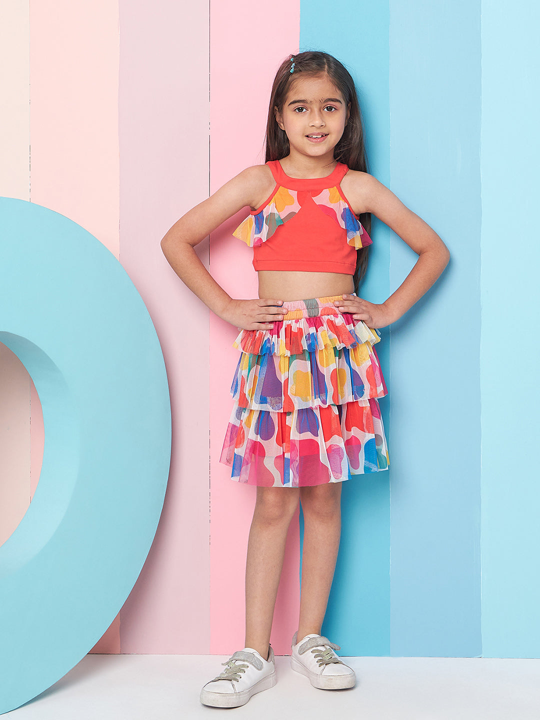 Girls Round Neck Ruffled Top With Skirt