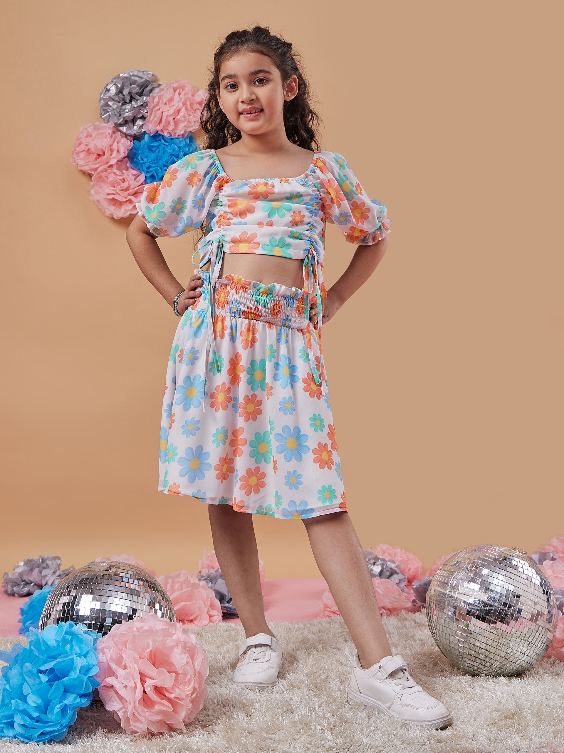 Girls Floral Printed Ruched Crop Top With Skirt