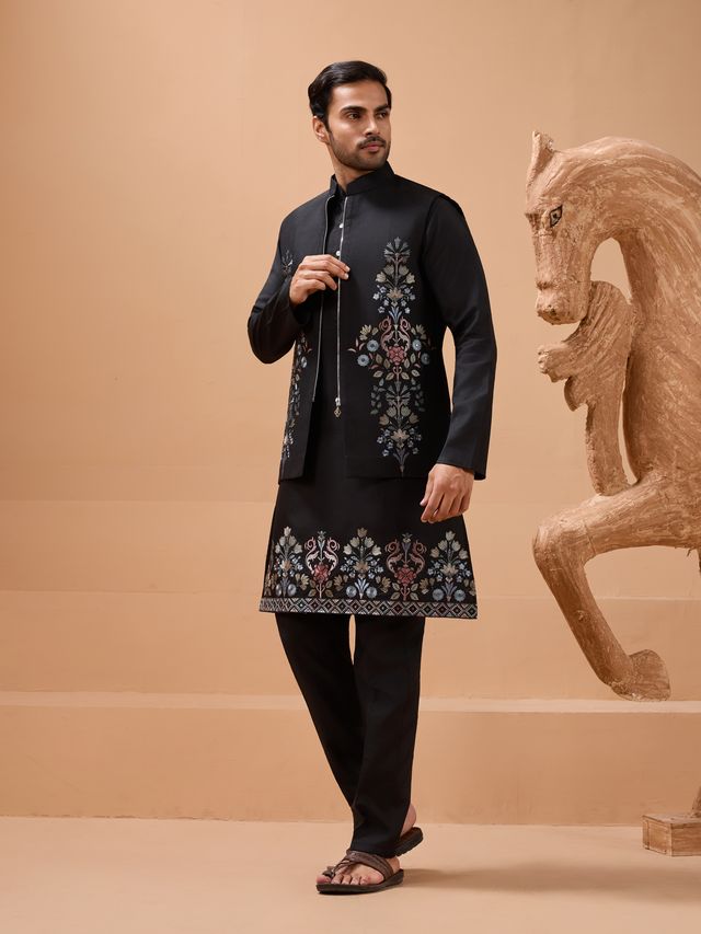 Men's Black Viscose Silk Multi Thread With Sequence Embroidered Work Kurta Set