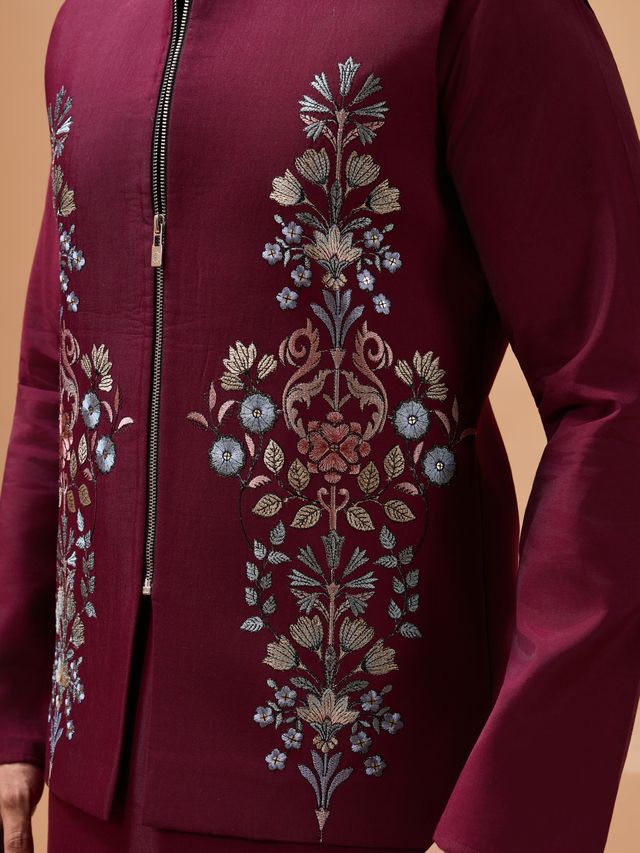 Men's Maroon Viscose Silk Multi Thread With Sequence Embroidered Work Kurta Set
