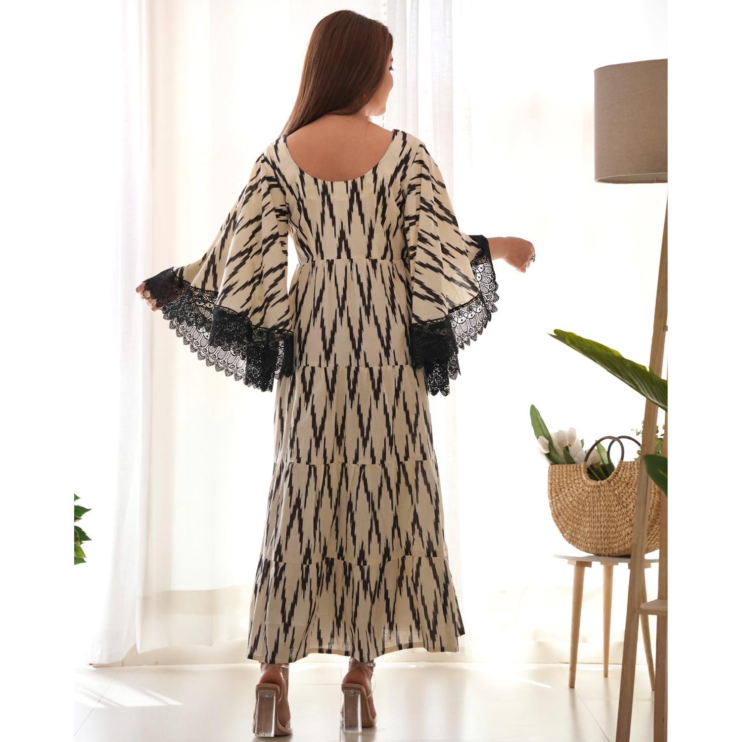 Women's White & Black Ikat Cotton Tiered Flared Dress