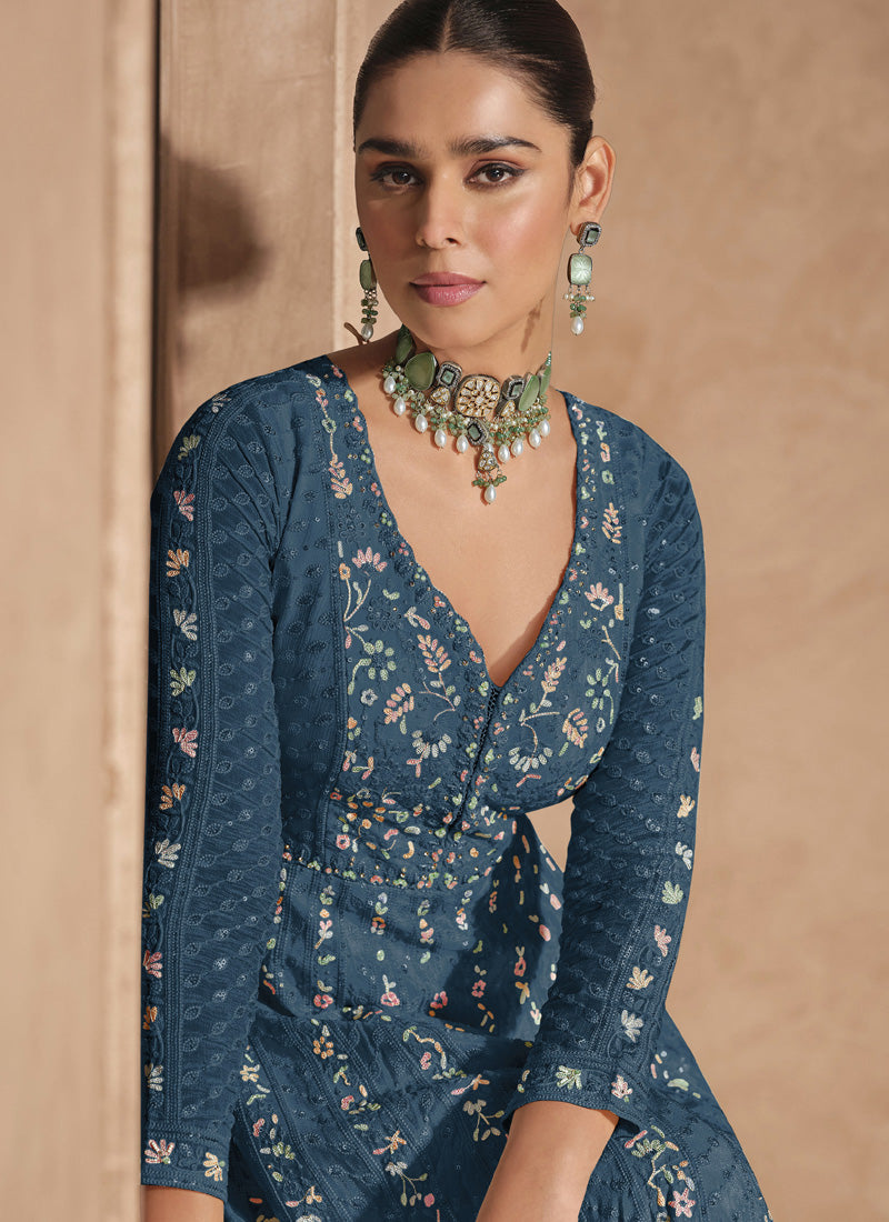 Women's Blue Chinon Silk Embroidered Anarkali Set