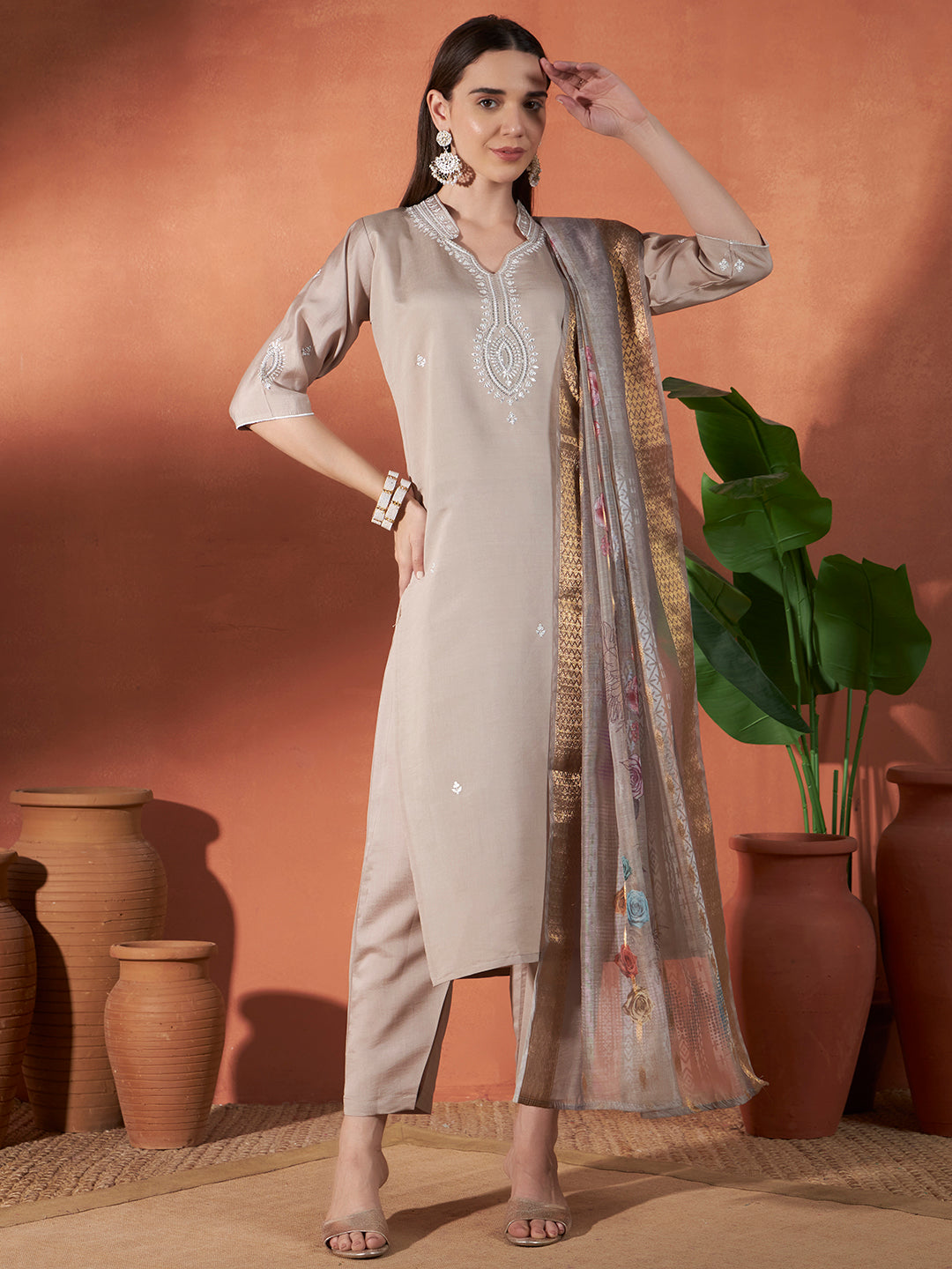 Women's Grey Roman Viscose Embroidery Work Kurta Set