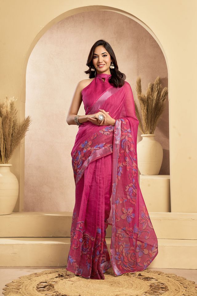 Women's Pink & Purple Linen Printed Saree