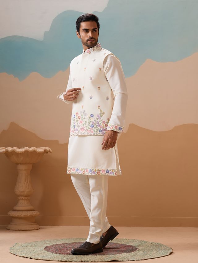 Men's White Viscose Silk Multi Thread With Sequence Embroidered Work Kurta Set