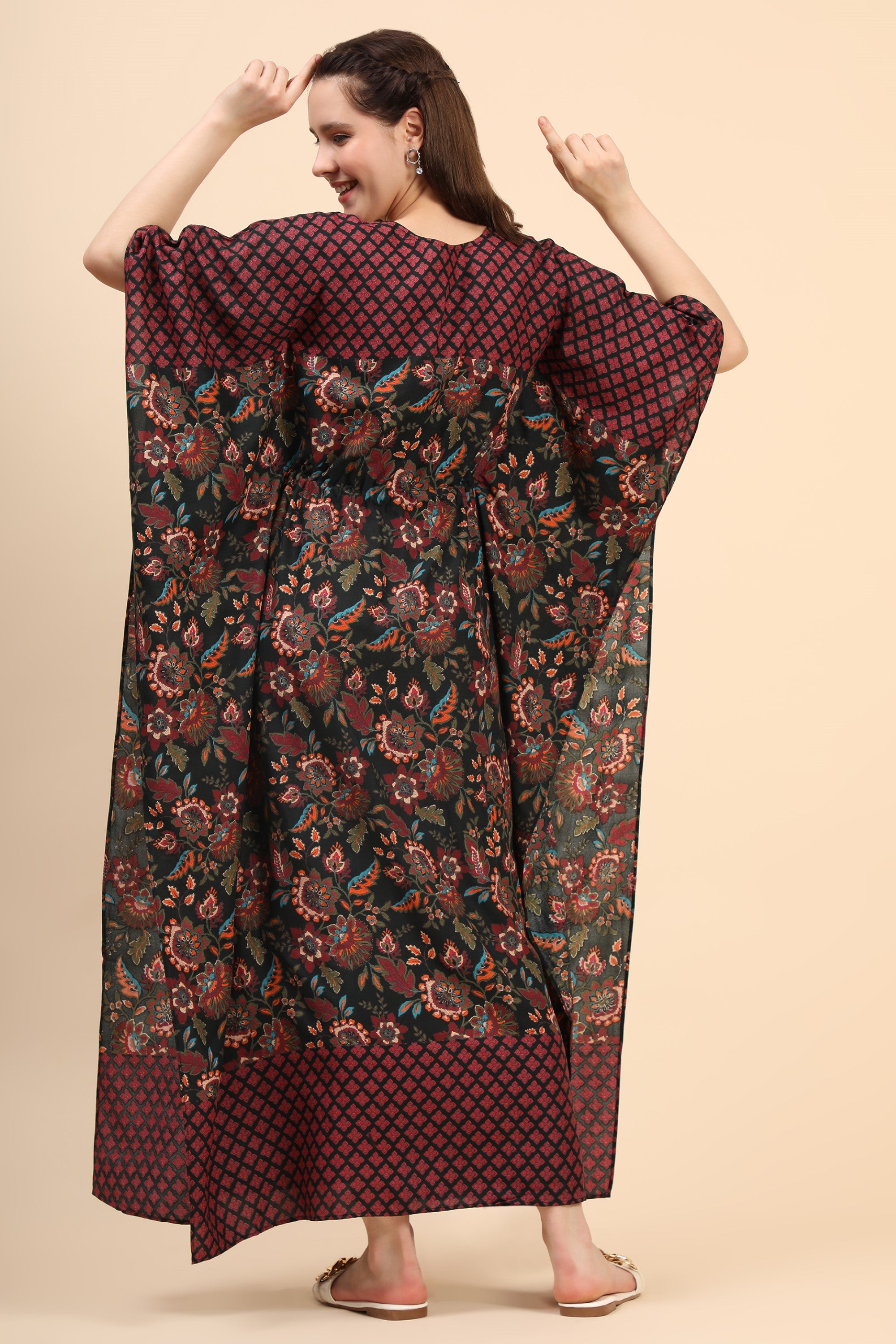 Women's Floral Print Rayon Long Kaftan In Green Base And Border