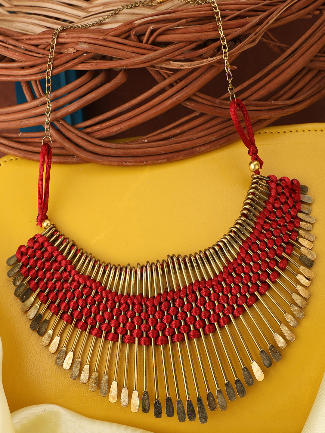 Women's Stylish Gold Plated Thread Work Designer Red Necklace