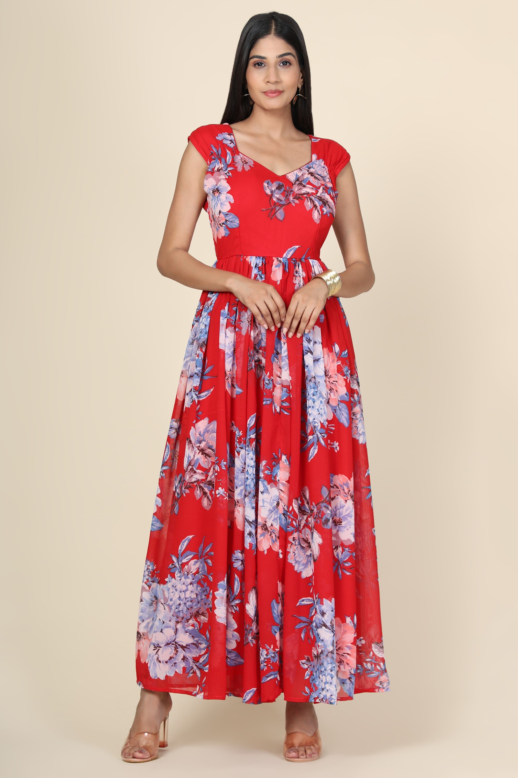 Women's Floral Printed Chiffon  Gown In Red Base