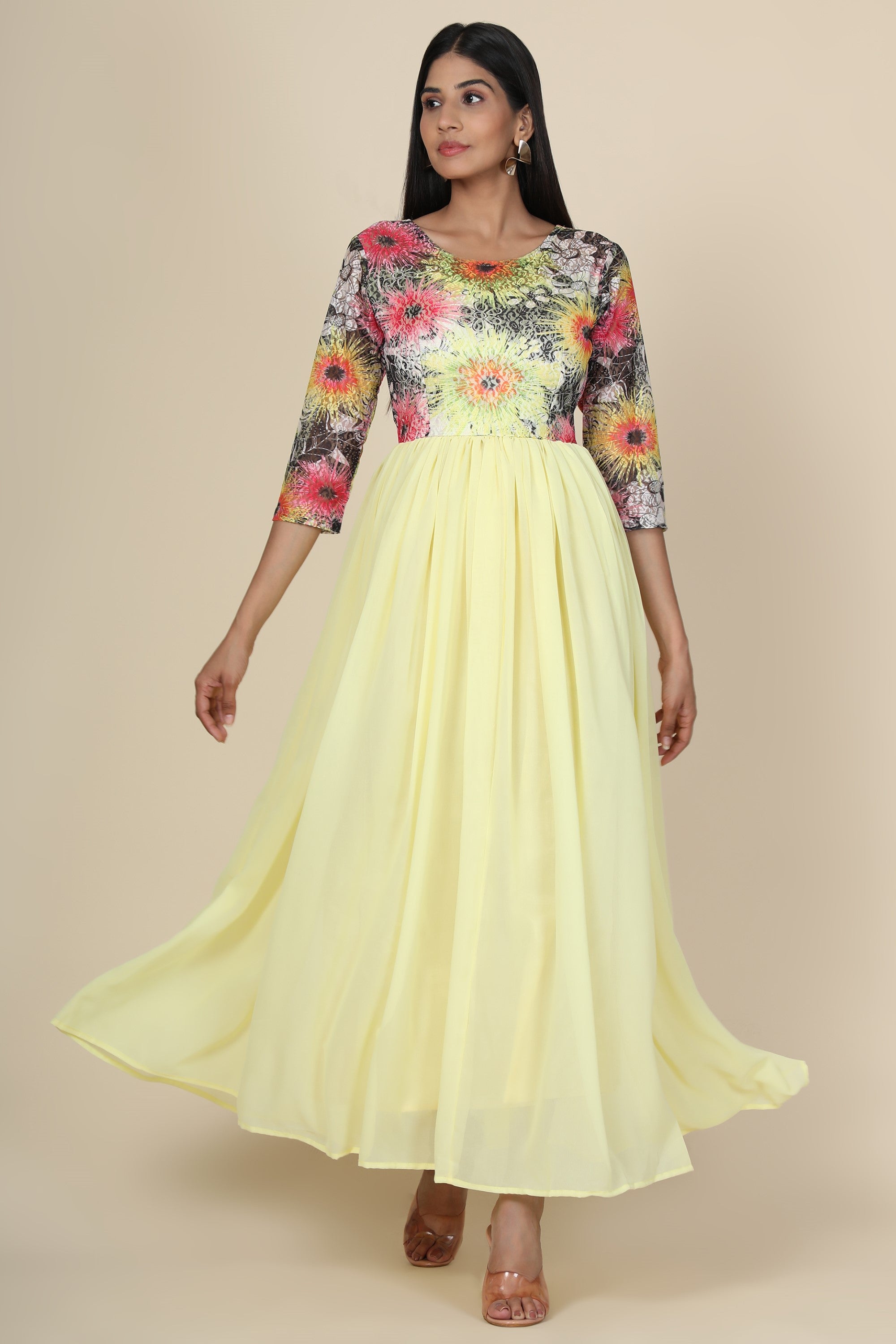 Women's Lemon Gown In Georgette And Sunflower Print Net Yoke