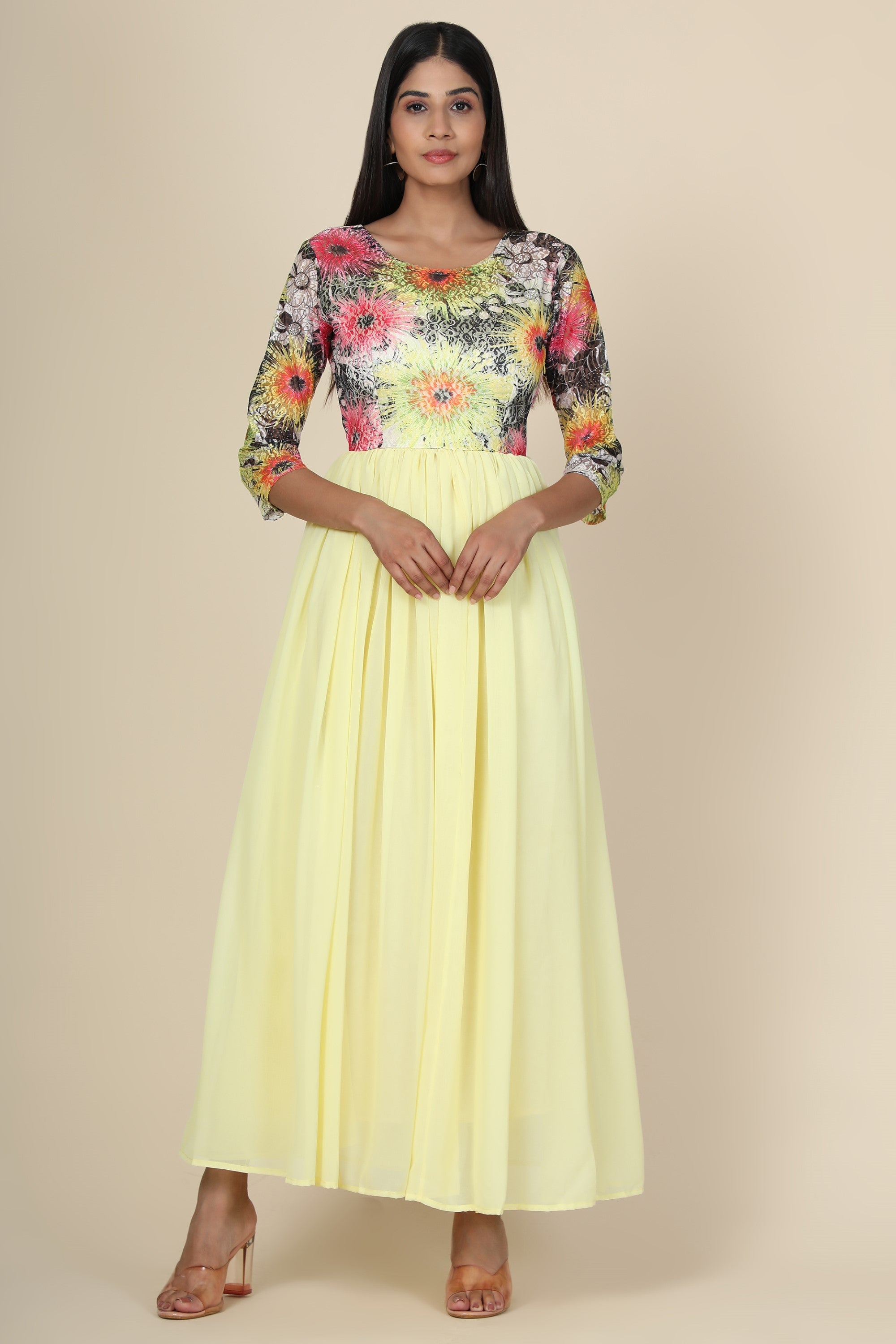 Women's Lemon Gown In Georgette And Sunflower Print Net Yoke