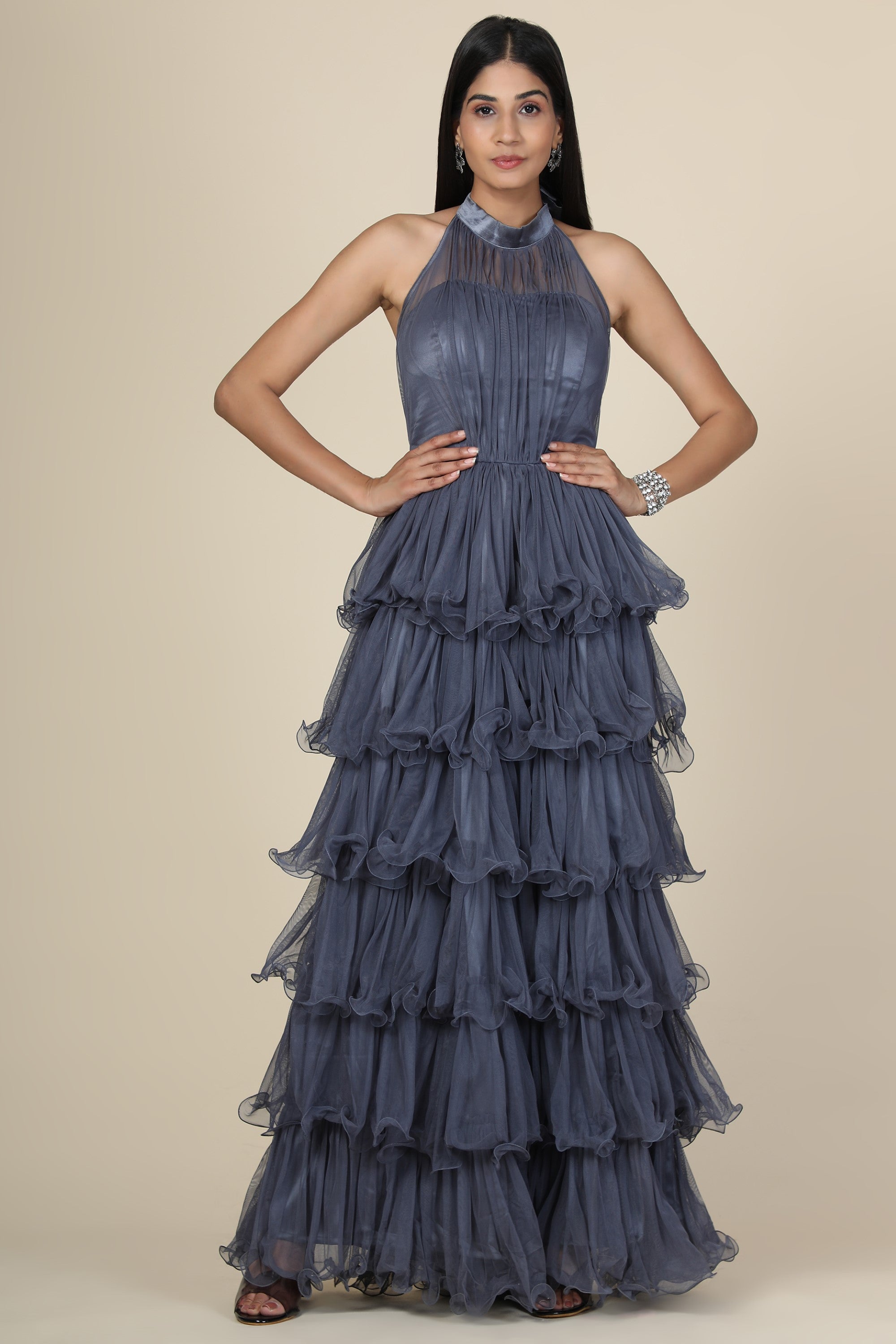 Women's Halter Neck Drape Net  Corset Gown In Grey