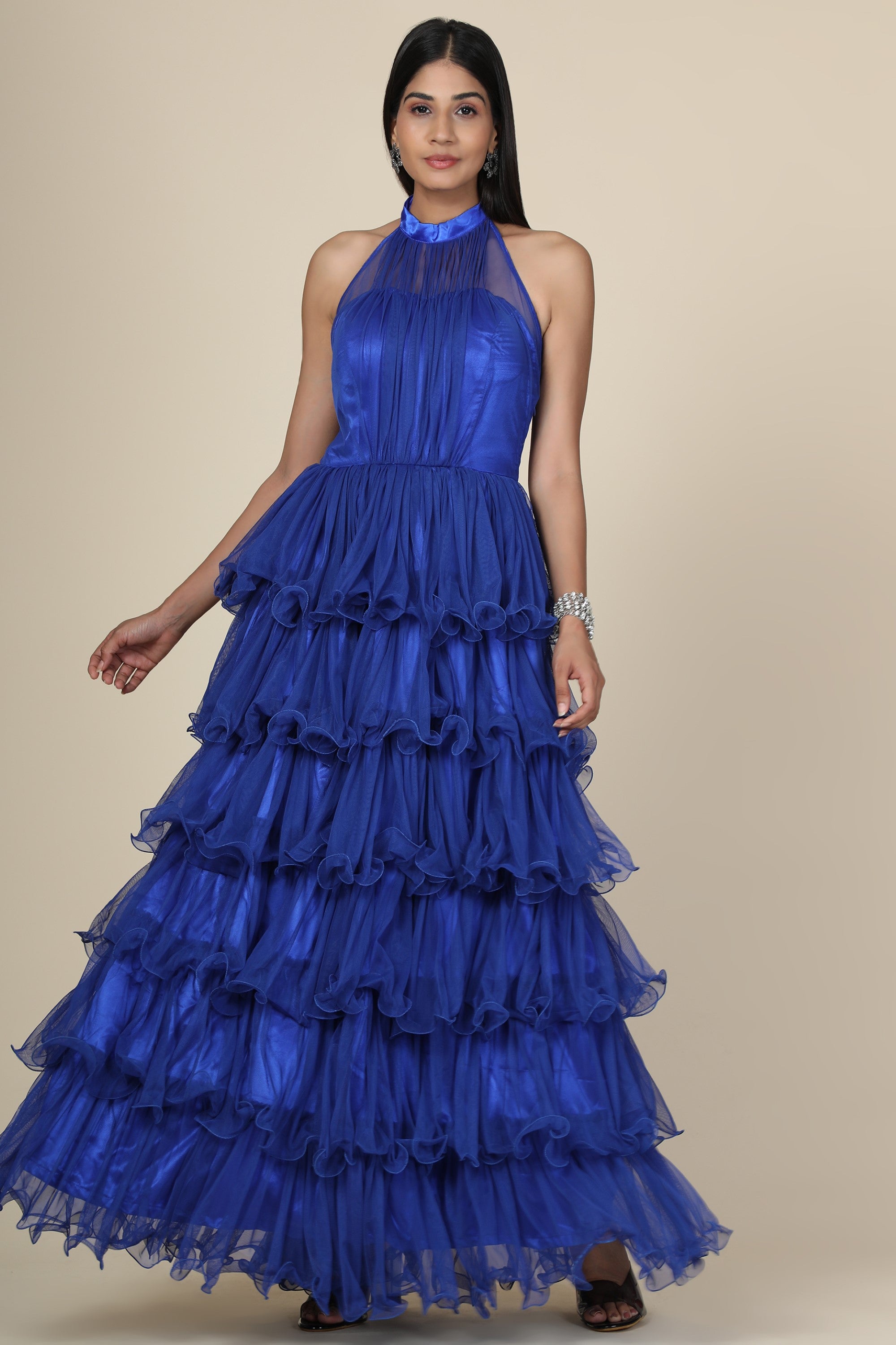 Women's Halter Neck Drape Net  Corset Gown In Dark Blue