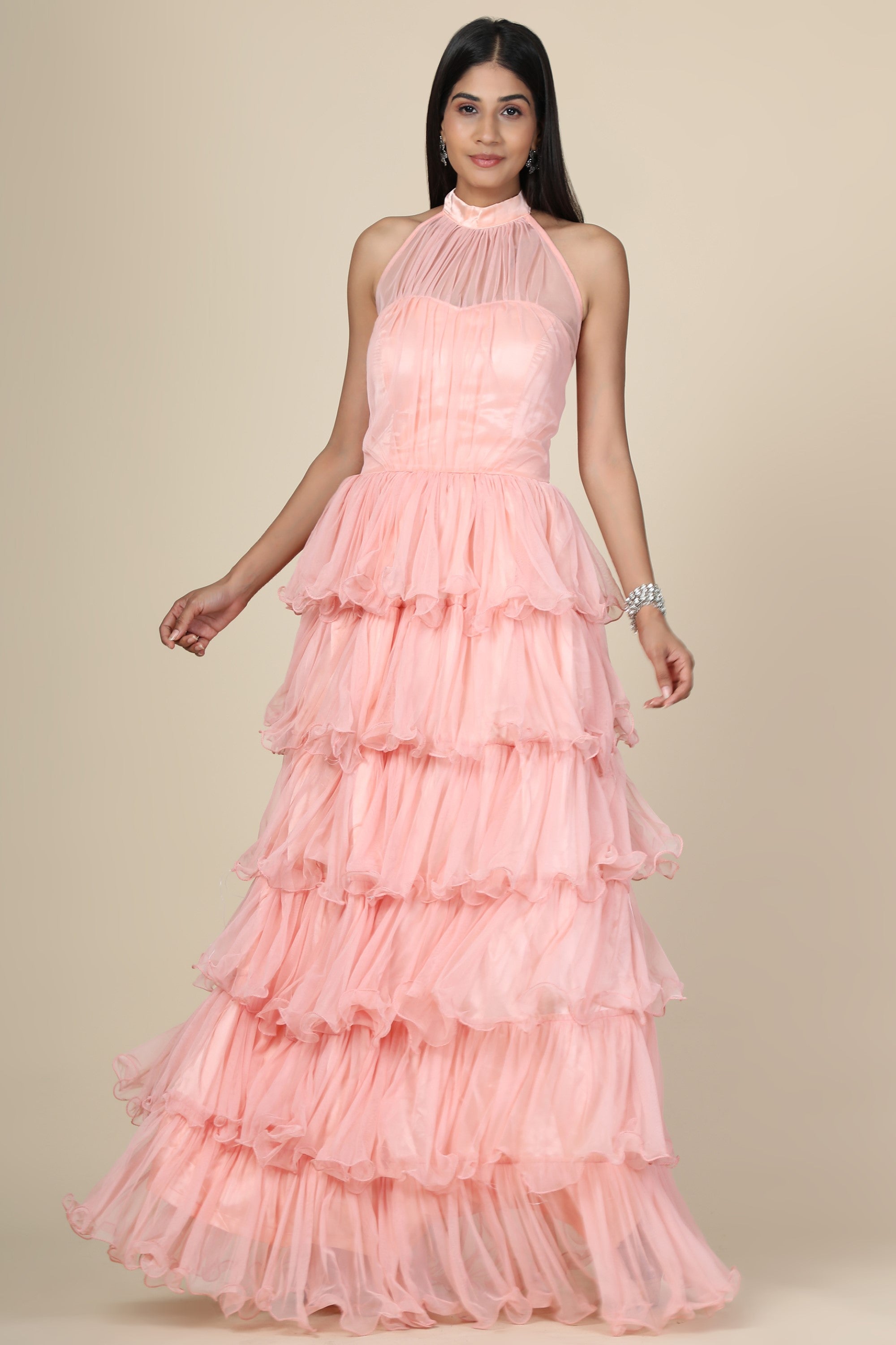 Women's Halter Neck Drape Net  Corset Gown In Baby Pink