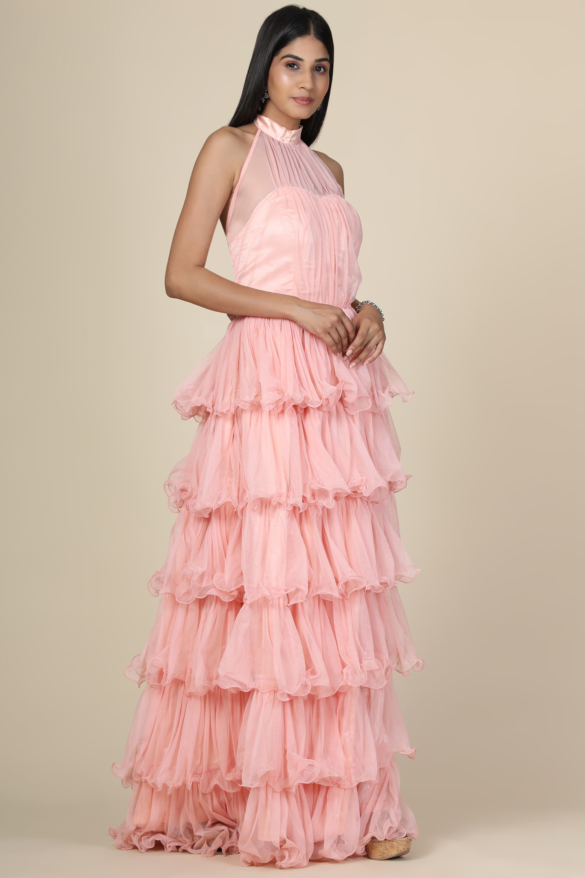 Women's Halter Neck Drape Net  Corset Gown In Baby Pink