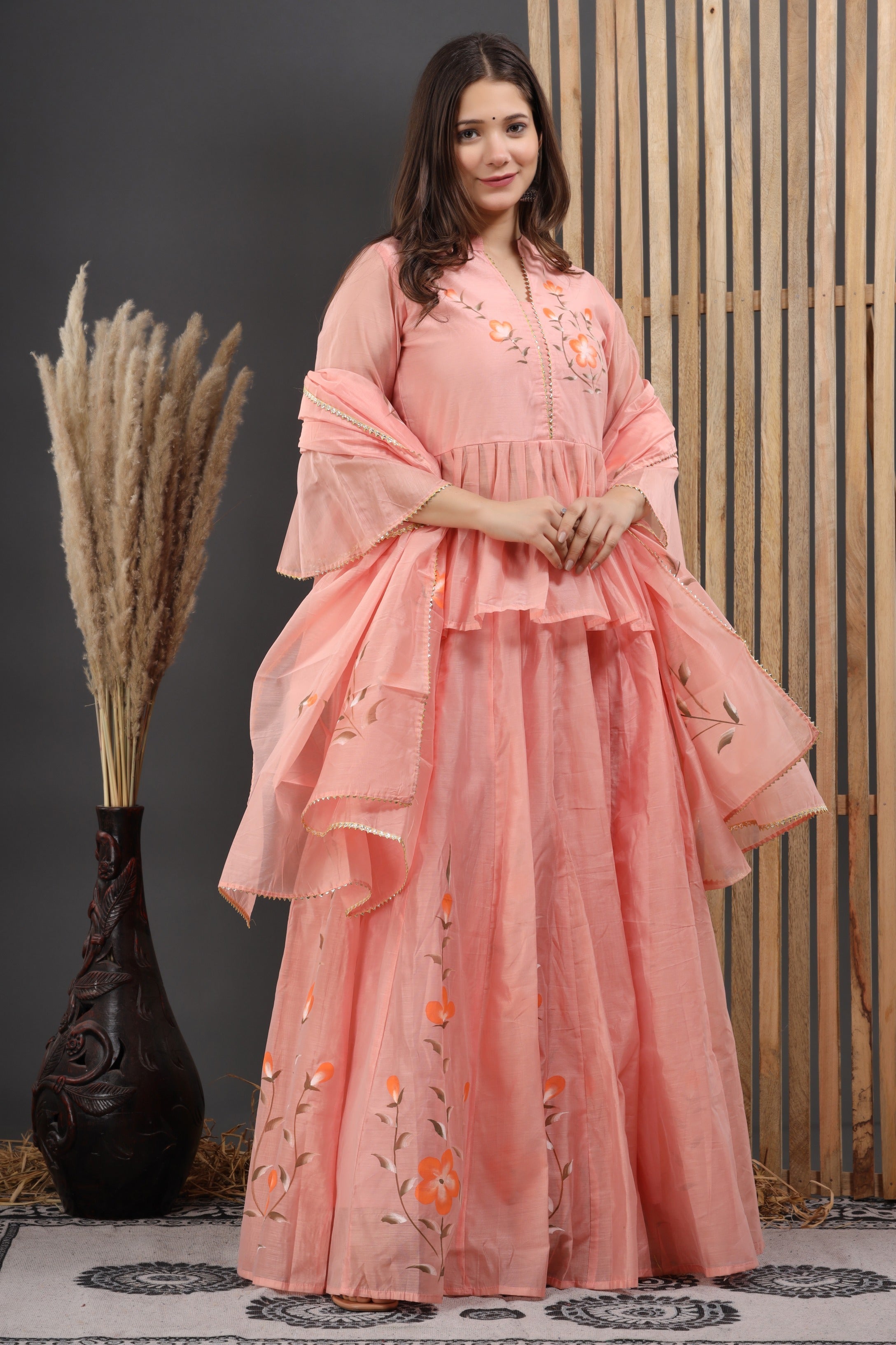 Women's Sumona Hand Painted Chanderi Lehenga Set