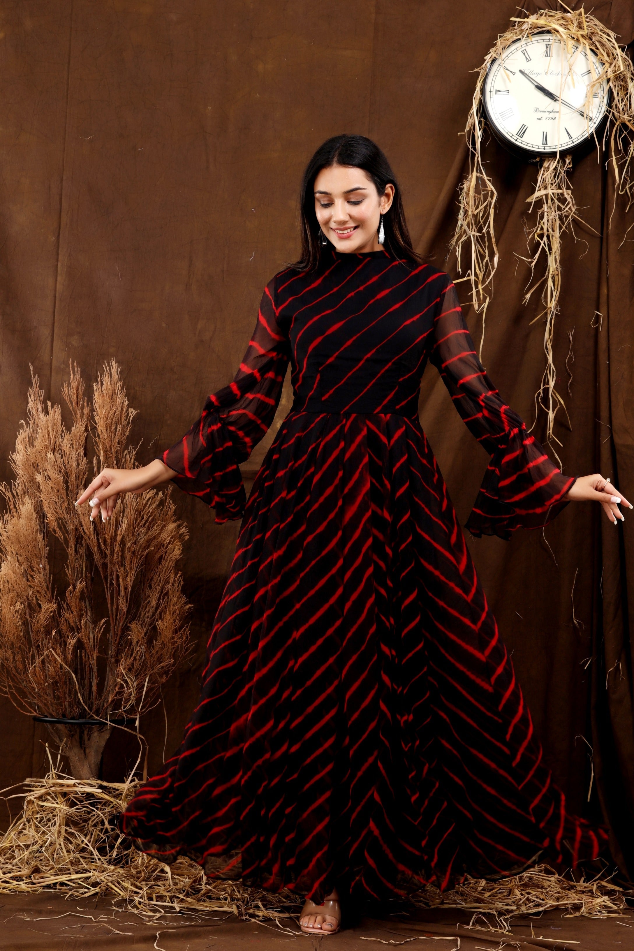 Women's Black Neh Leheriya Chiffon Dress With Cotton Lining