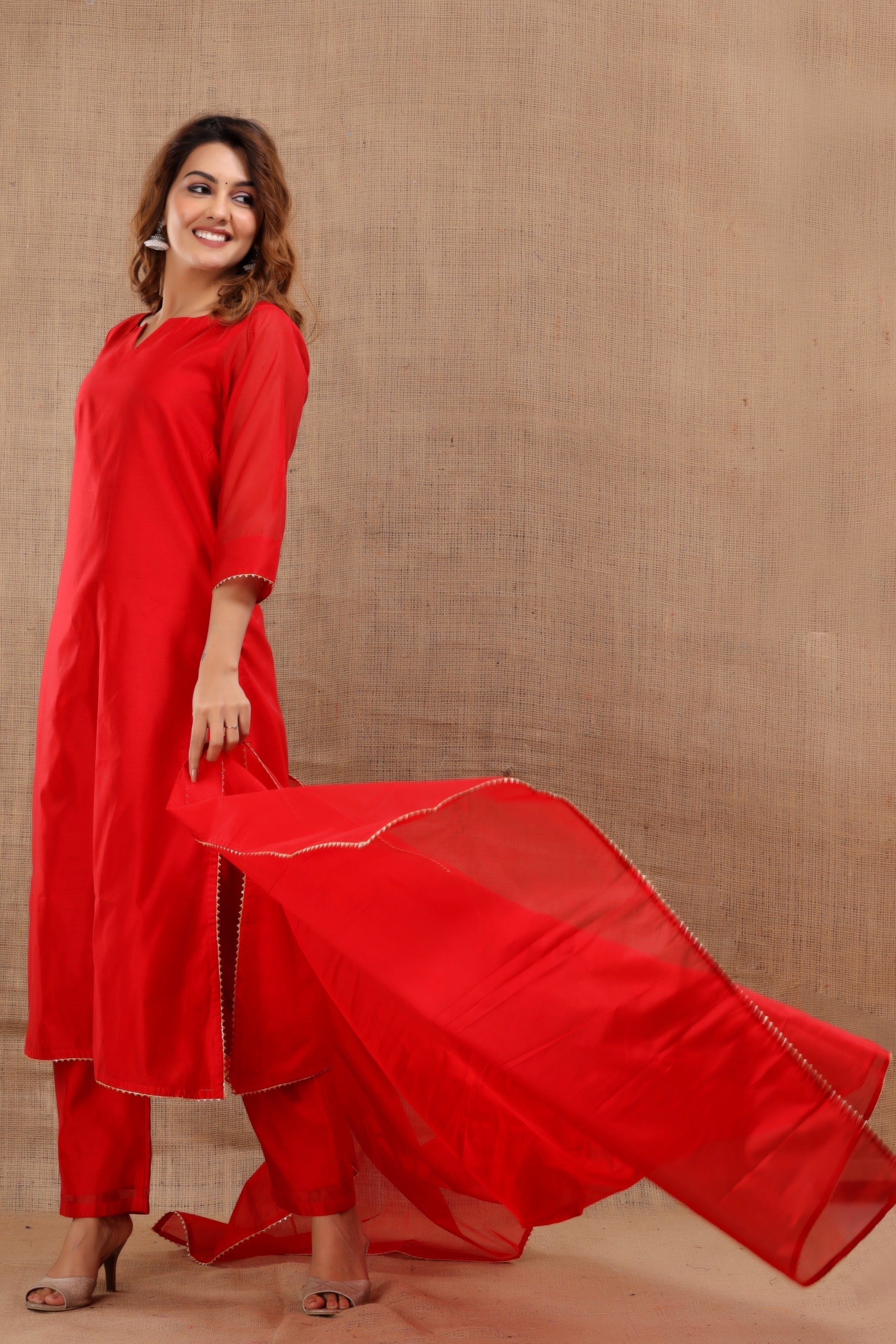 Women's Niharika Chanderi Red Suit Dupatta Set