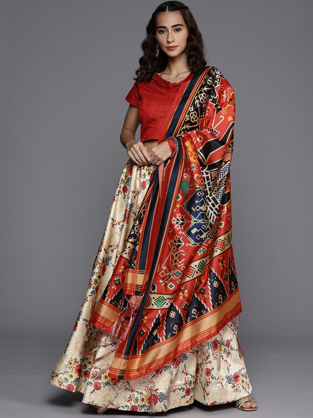 Women's Digital Print Shiney Satin Semistitched Lehenga Choli With Unstitched Blouse And Thred Work Dupatta