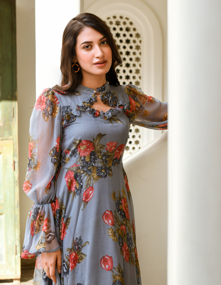 Women's Grey Maxi Dress Floral - 1Pc Set