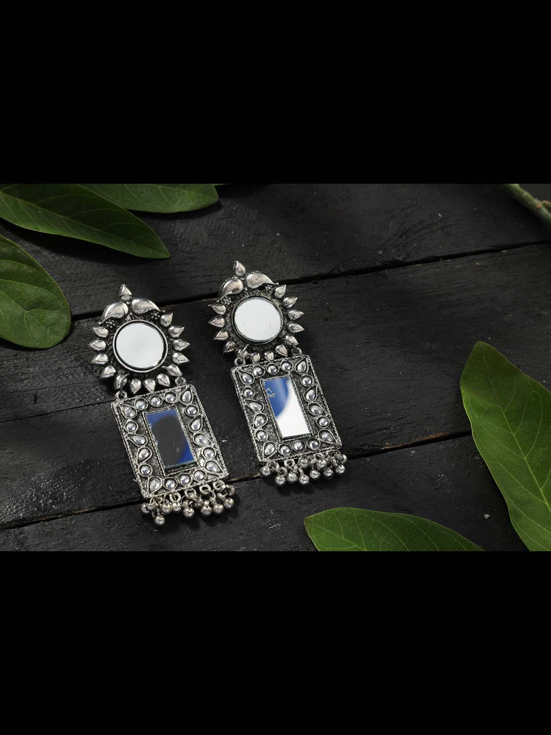 Johar Kamal Silver Color Earrings with mirror & Pearls work Jh
