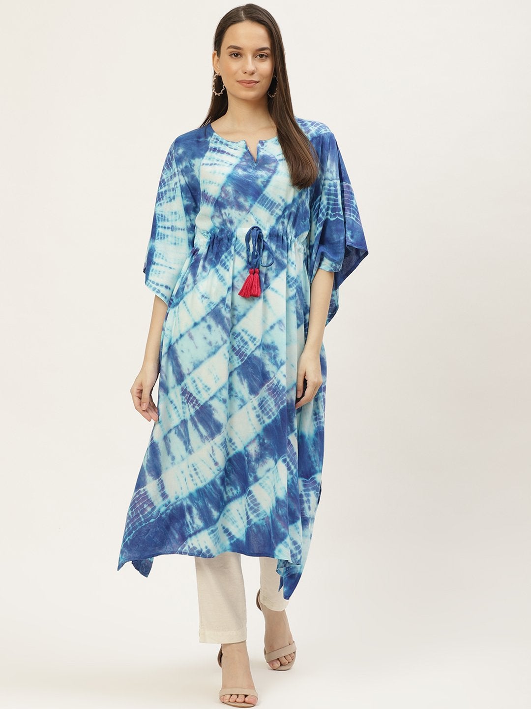 Women's Blue & Off White Dyed Extended Sleeves Kaftan Kurta (1pc)