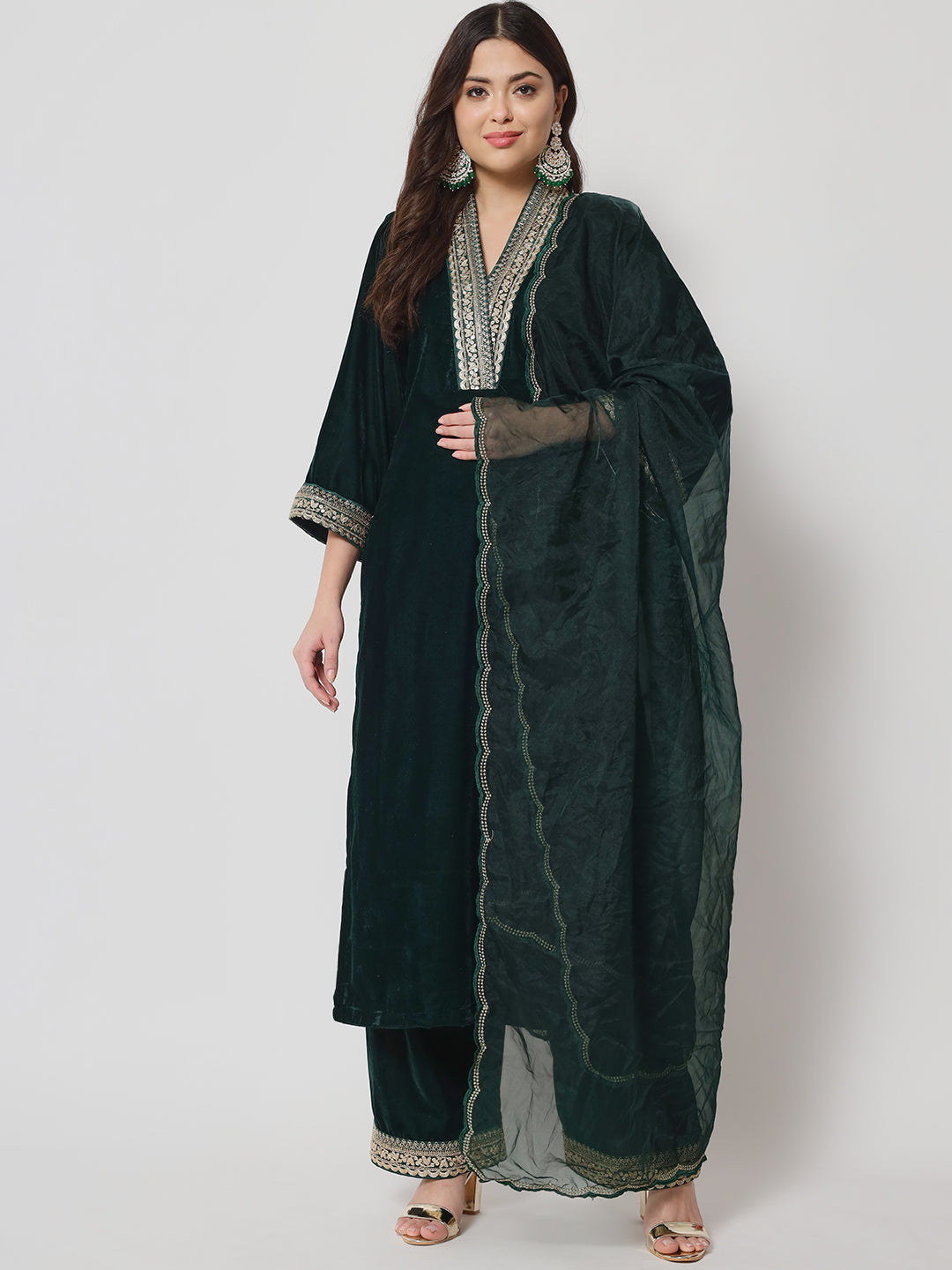 Women's Glamour Green Shawl Collar Kurti With Straight Palazzo And Dupatta