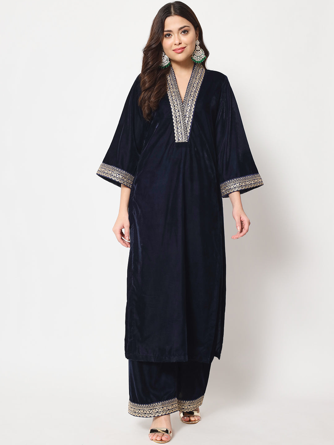 Women's Glamour Blue Shawl Collar Kurti With Straight Palazzo