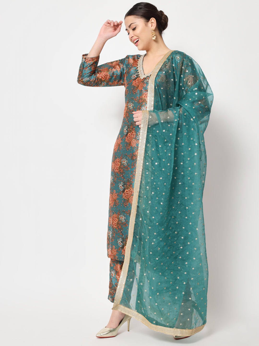 Women's Green Rust Floral Printed Silk Kurti With Pants And Organza Sequin Dupatta