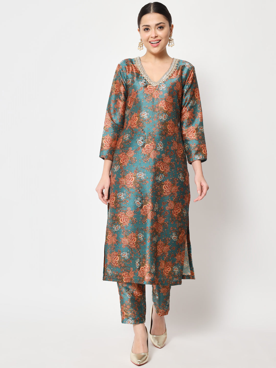 Women's Green Rust Floral Printed Silk Kurti With Pants