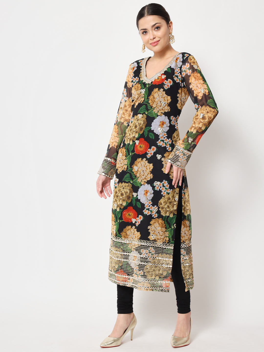 Women's Black Floral Printed Embroidered Kurti With Churidaar