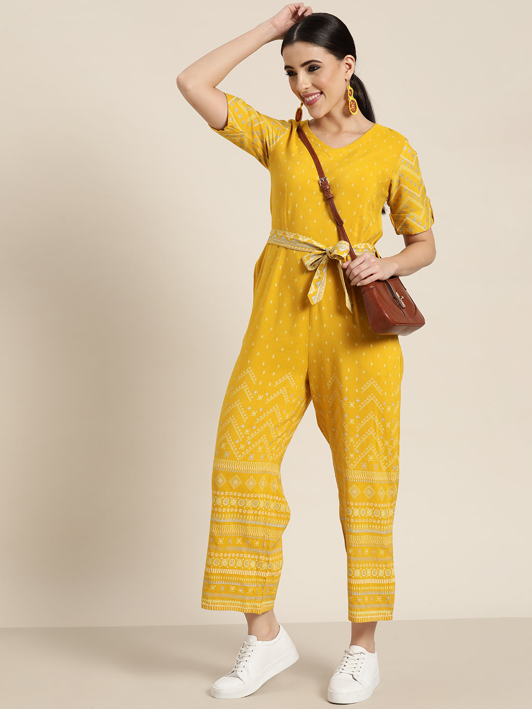 Women's  Mustard Rayon Flex Printed Straight Jumpsuit