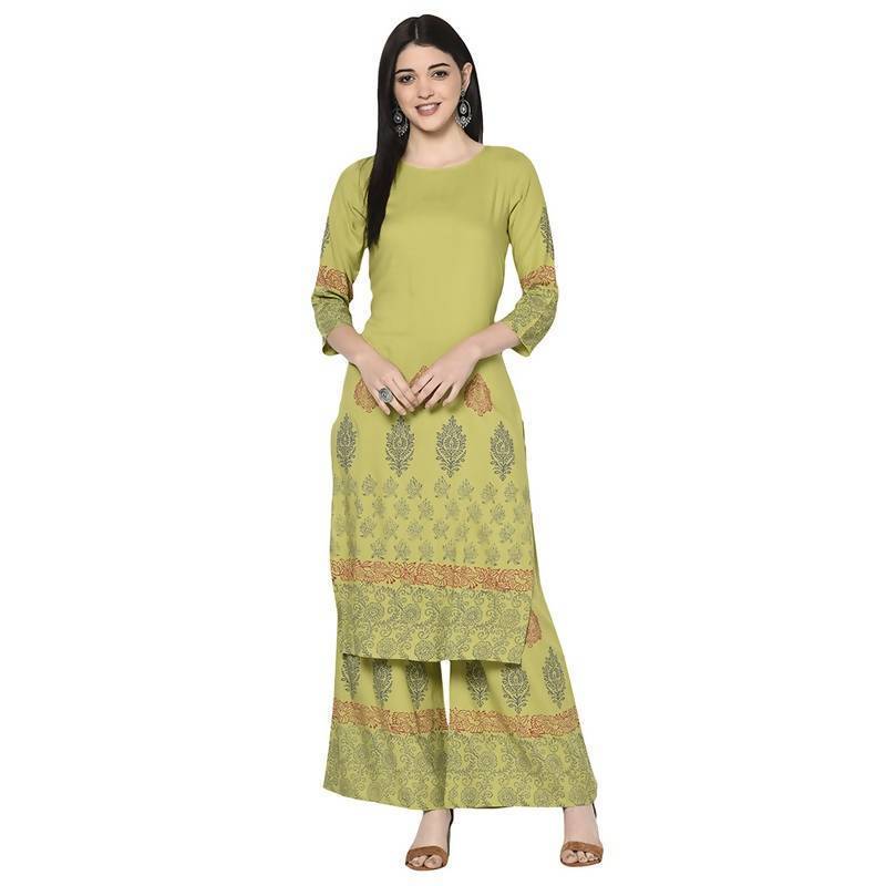 Women's Parrot Green Rayon Block print straight kurta