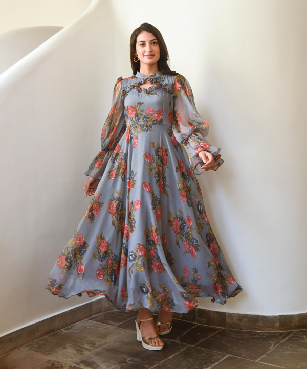 Women's Grey Maxi Dress Floral - 1Pc Set