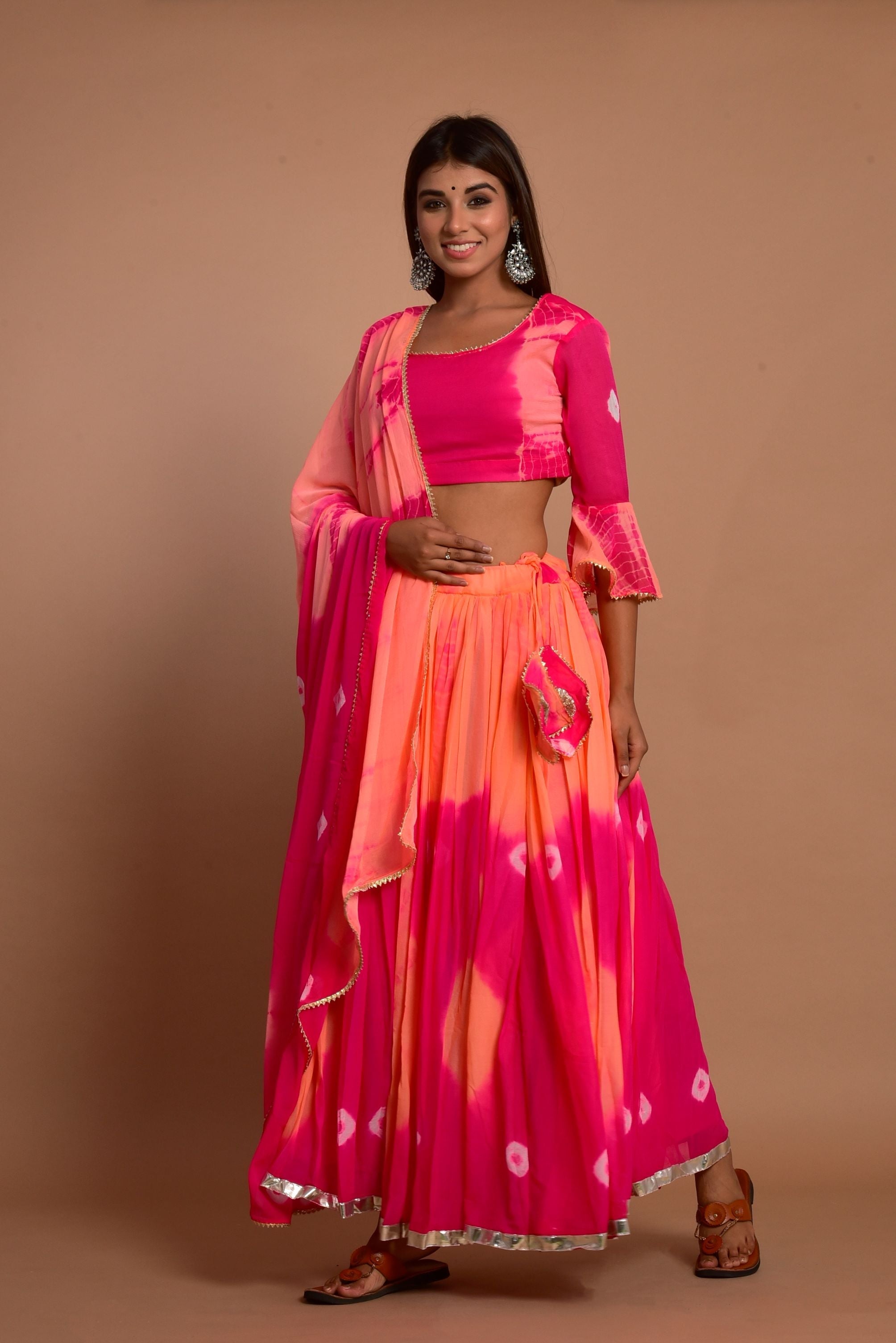 Women's Pink Hand Tie And Die Lehenga Set