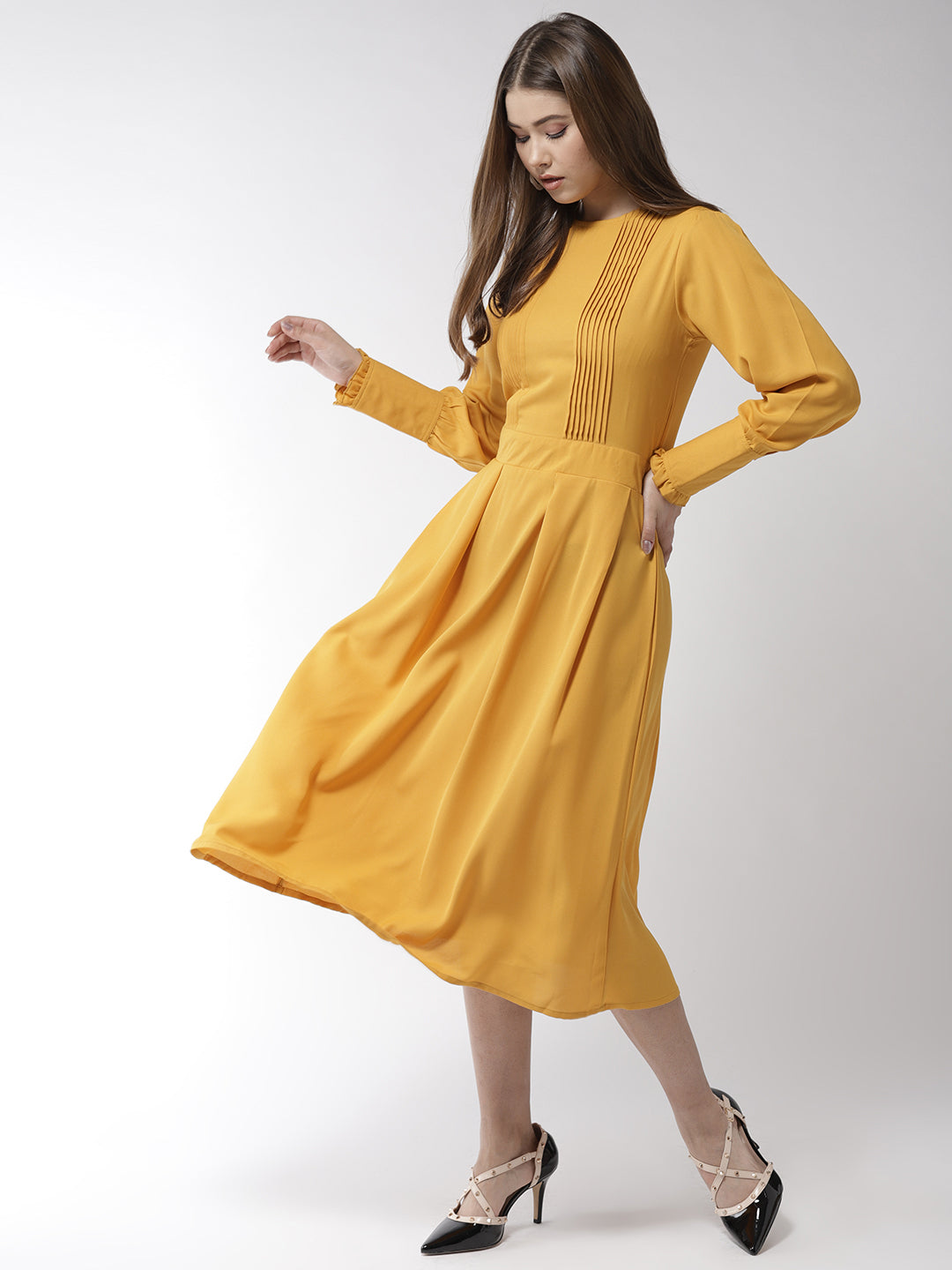 Women's Yellow Polyester Moss Pintuck And Pleated Midi Dress