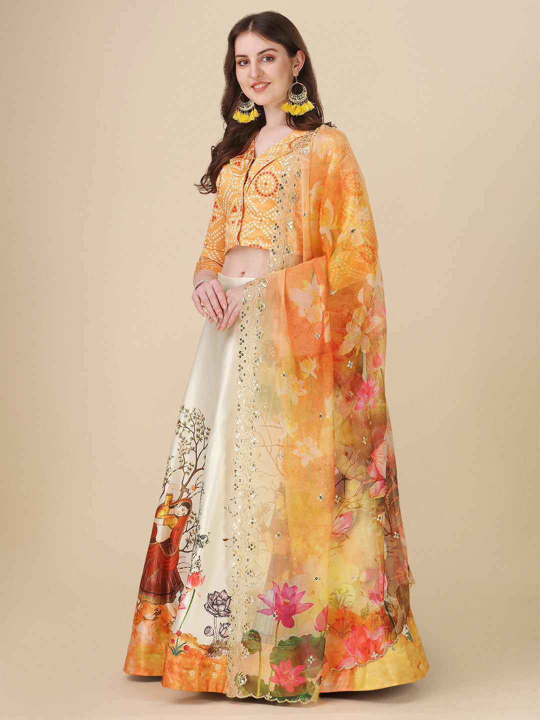 Women's Digital Print Shiney Satin Semistitched Lehenga Choli With Unstitched Blouse And Sequnce Work Orgenza Dupatta