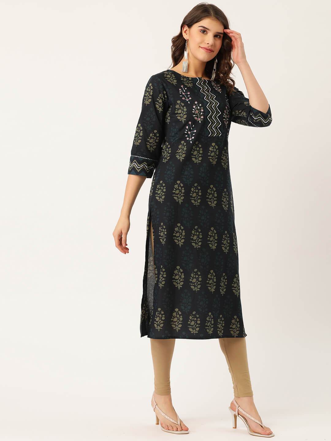 Women's Cotton Printed with Adda mirror work & Gotta detailing Kurta