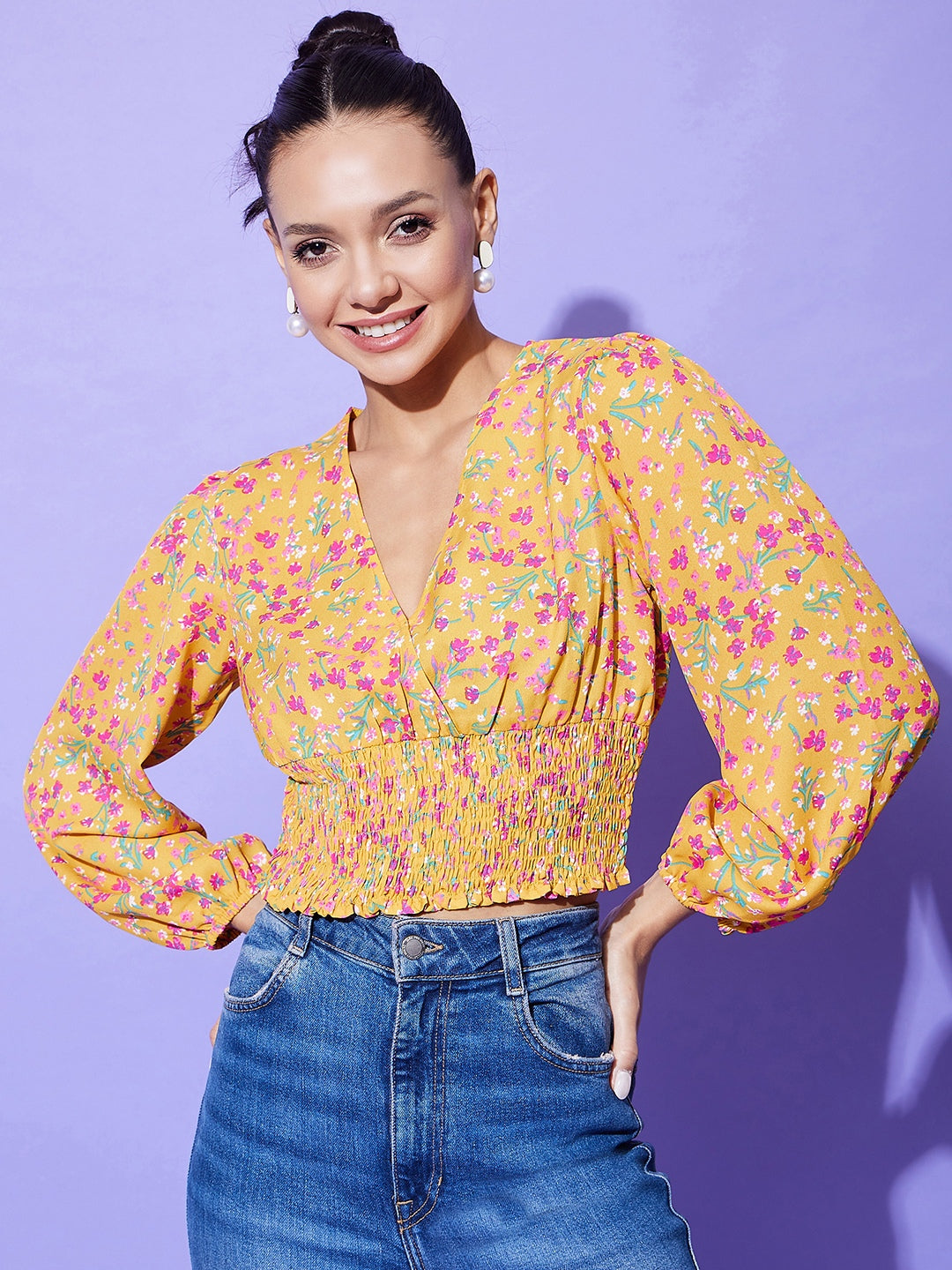 Women's Yellow Floral Top With Smocking Detail
