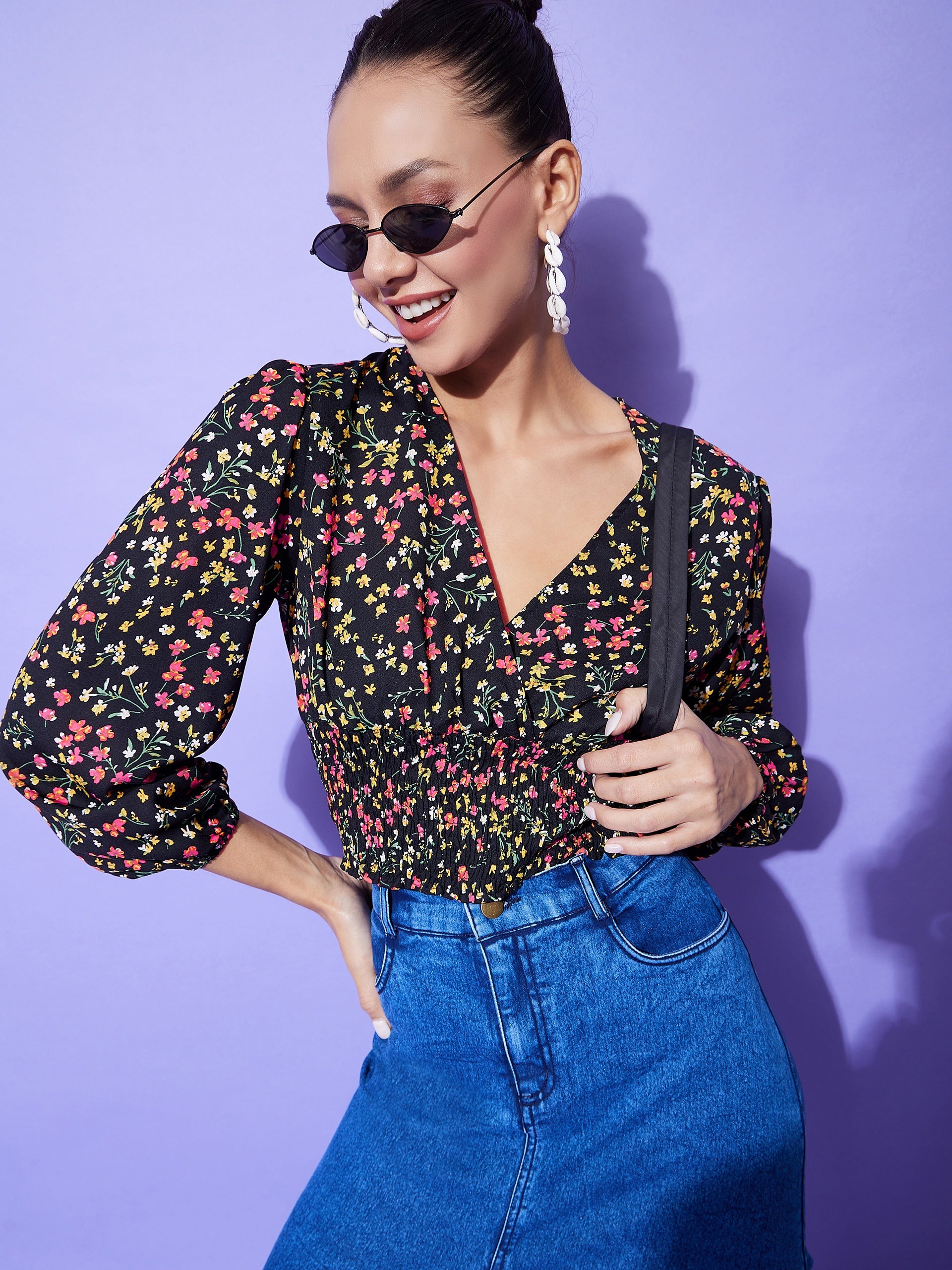 Women's Black Floral Top With Smocking Detail