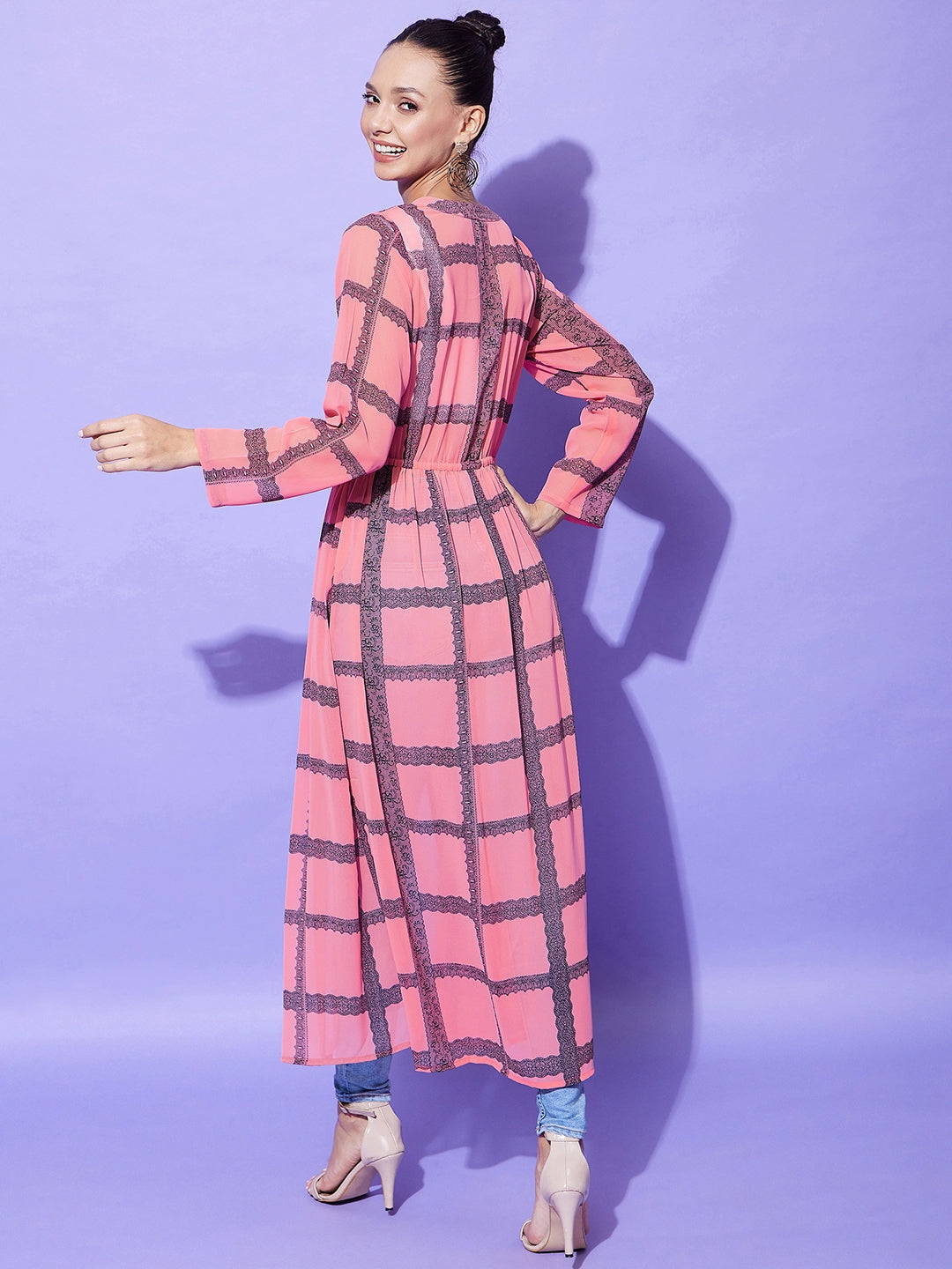 Women's Pink Check Long Shrug