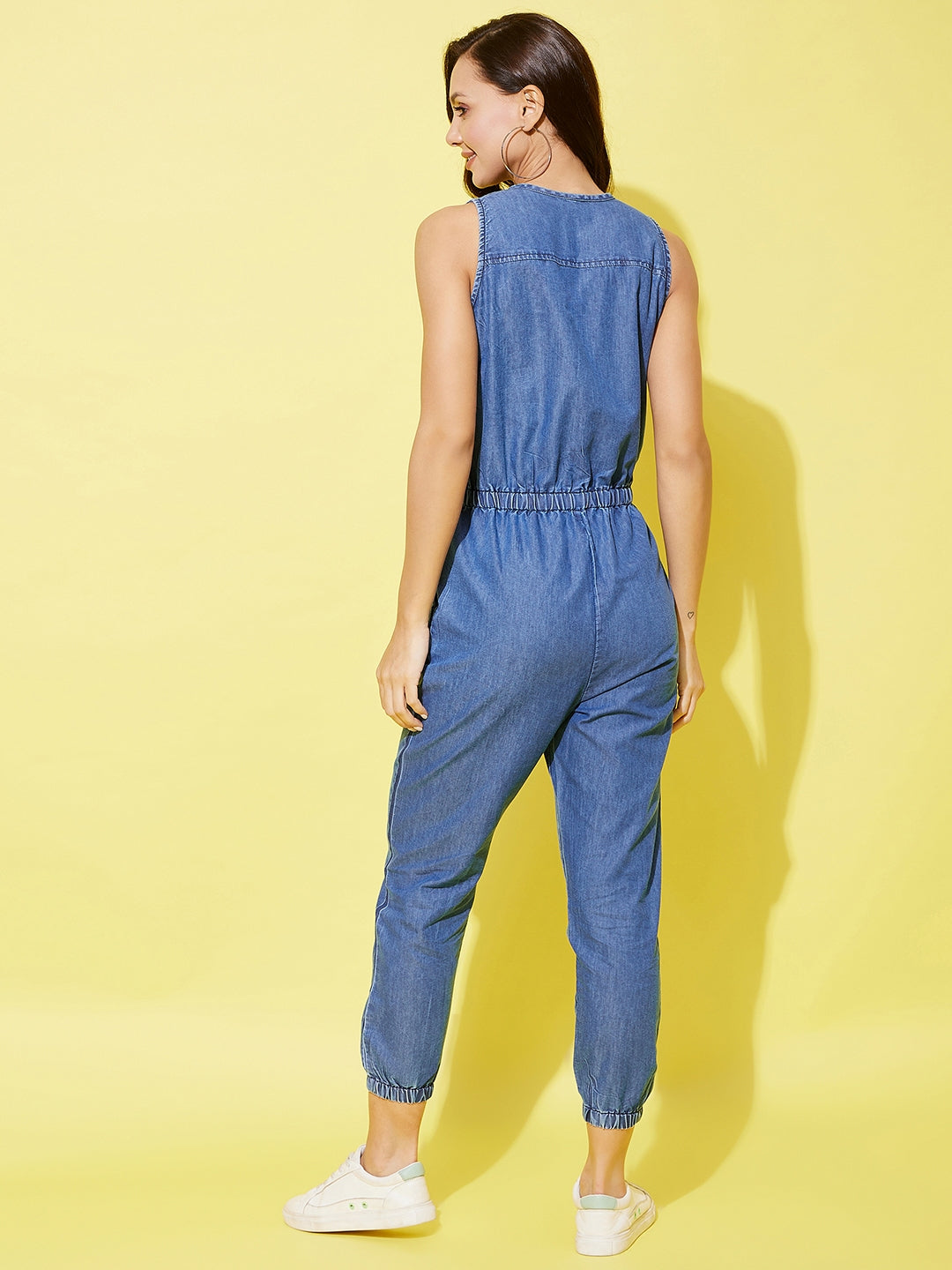 Women's Denim Jumpsuit With Neon Lace Insert
