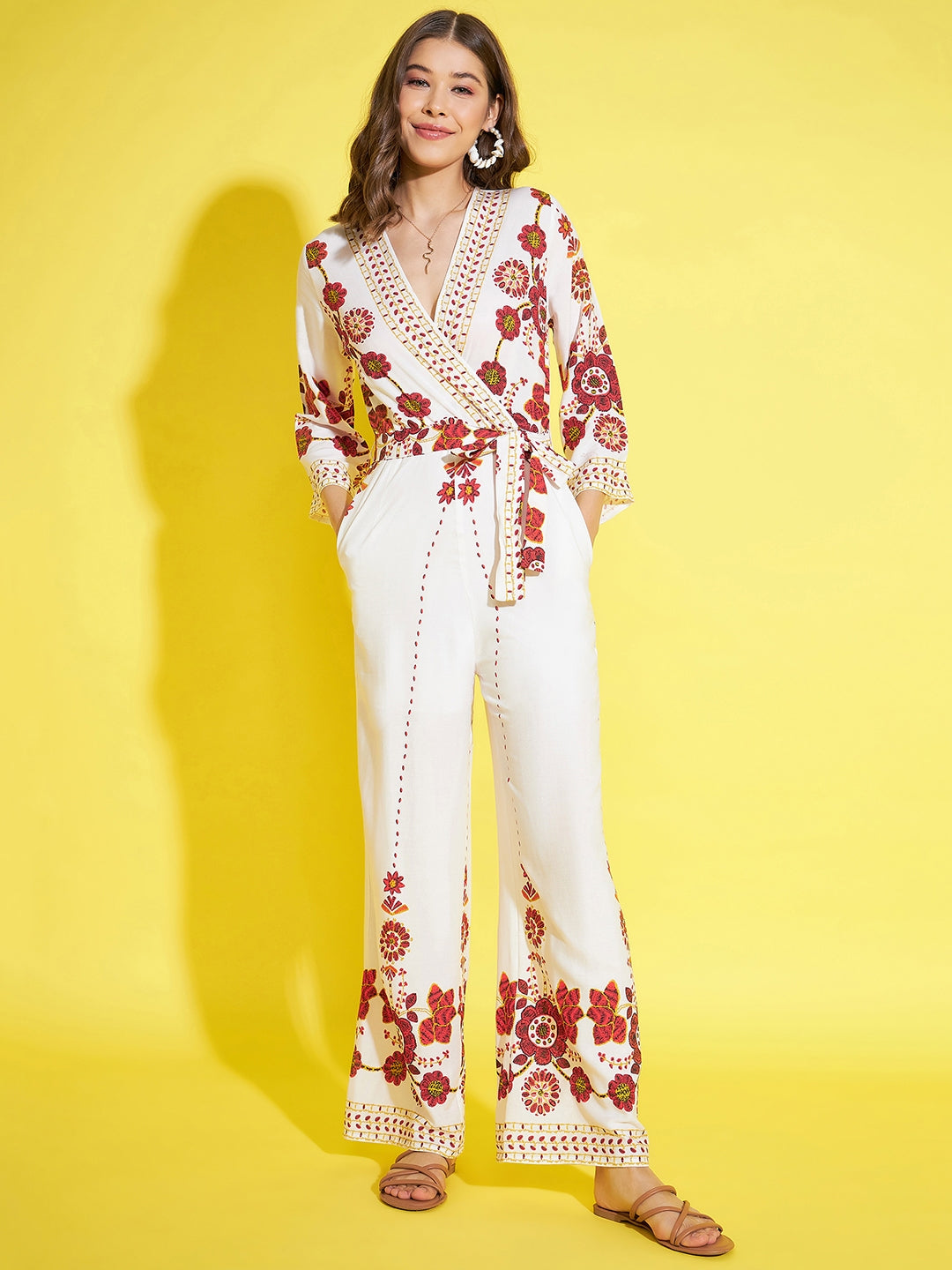 Women's Printed Cream & Red Jumpsuit