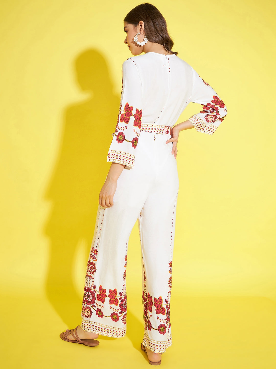 Women's Printed Cream & Red Jumpsuit