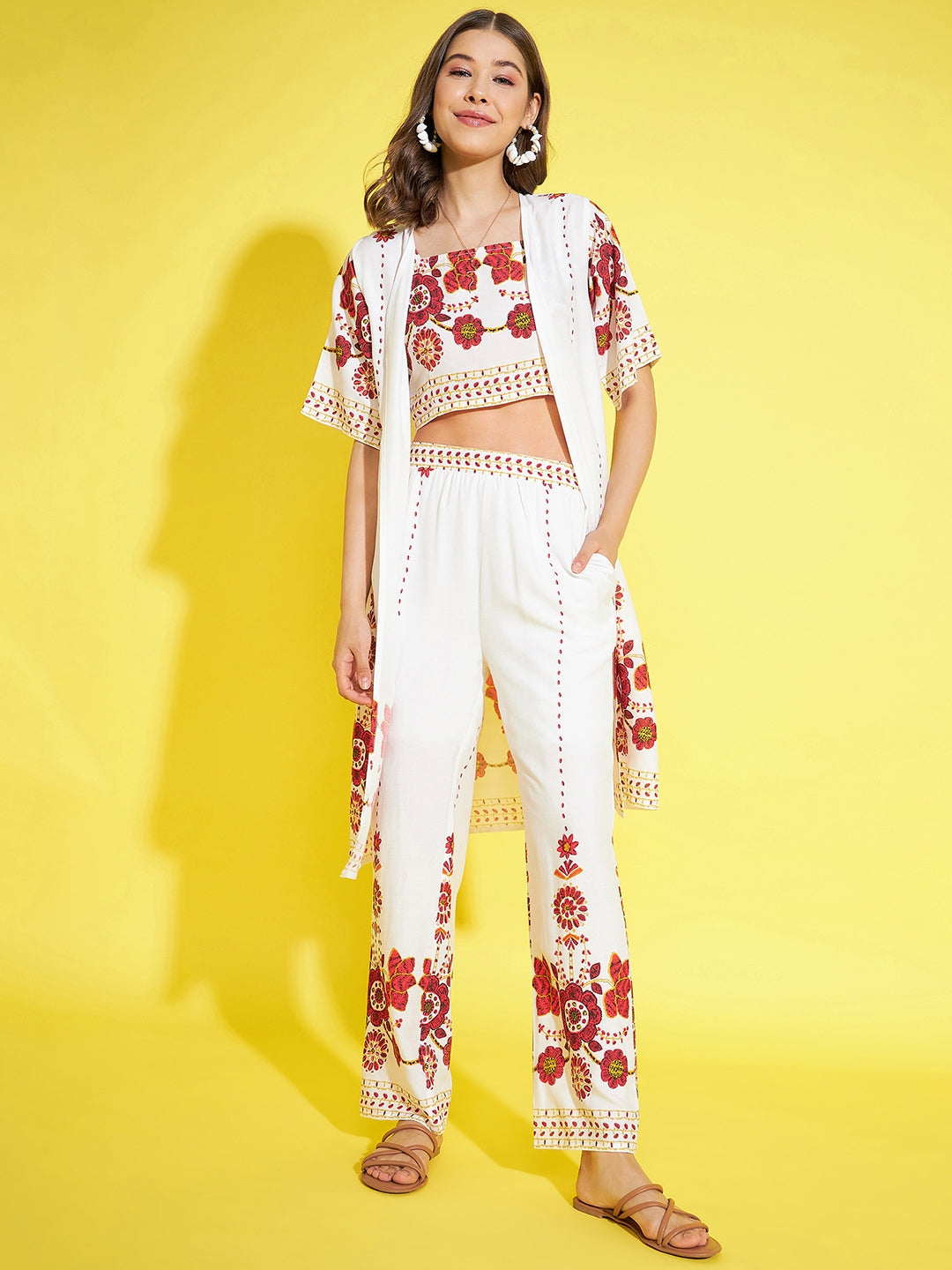 Women's 3 Piece Shrug, Inner & Trouser Rayon Co-Ord Set