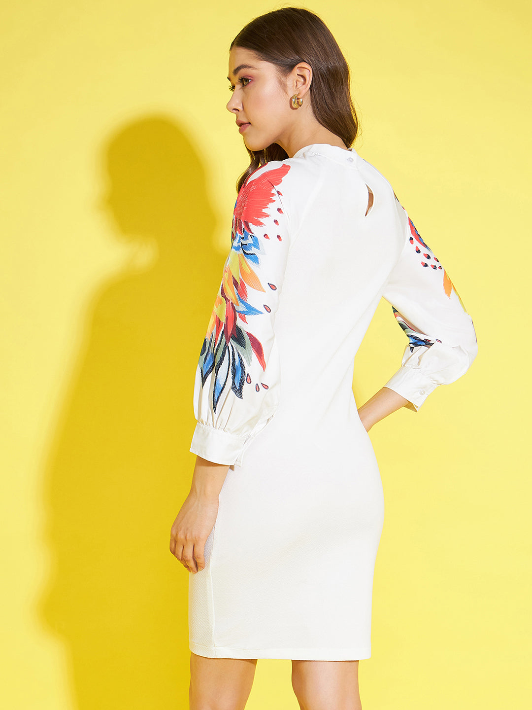 Women's White Bodycon Dress With Multi Coloured Printed Sleeves