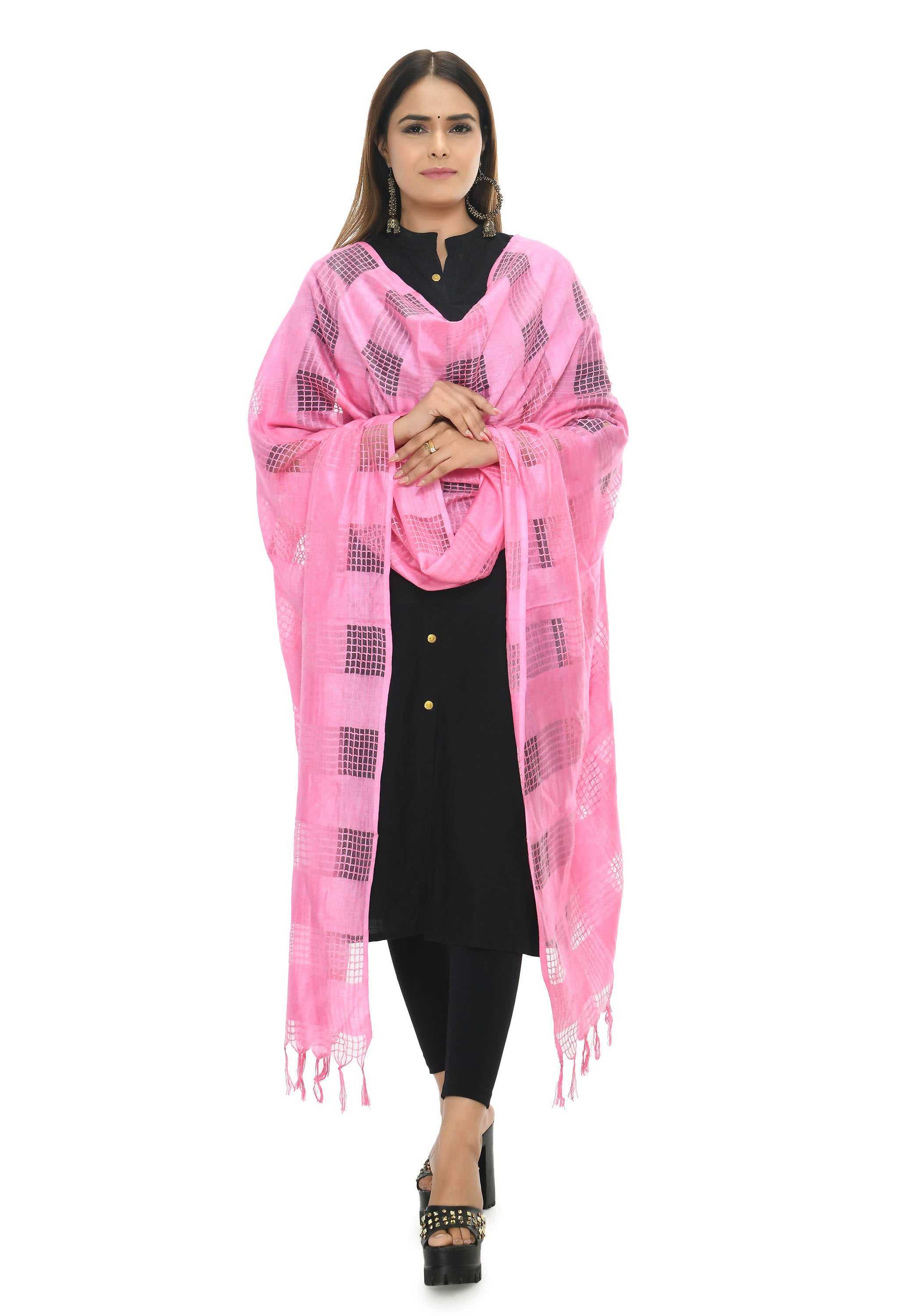 Women's Baby Pink Window Design Cotton Dupatta Mfd0017