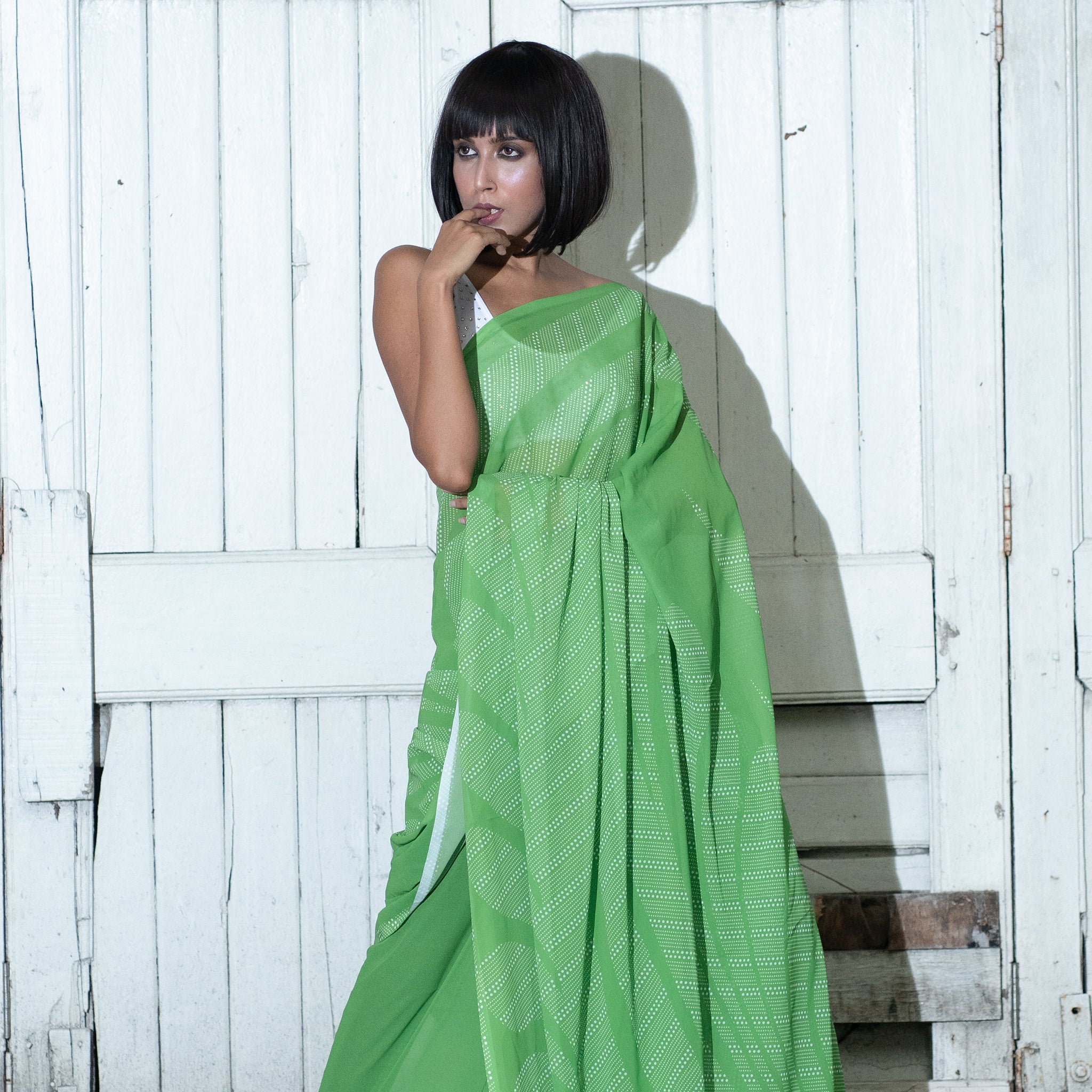 Women's Spring Green Digital Printed Satin Georgette Saree