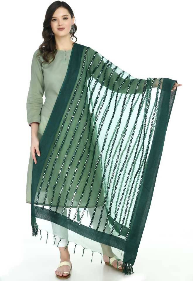 Women's Orgenza Cotton Mirror Stripe Bottle Green Dupatta Mfd0042