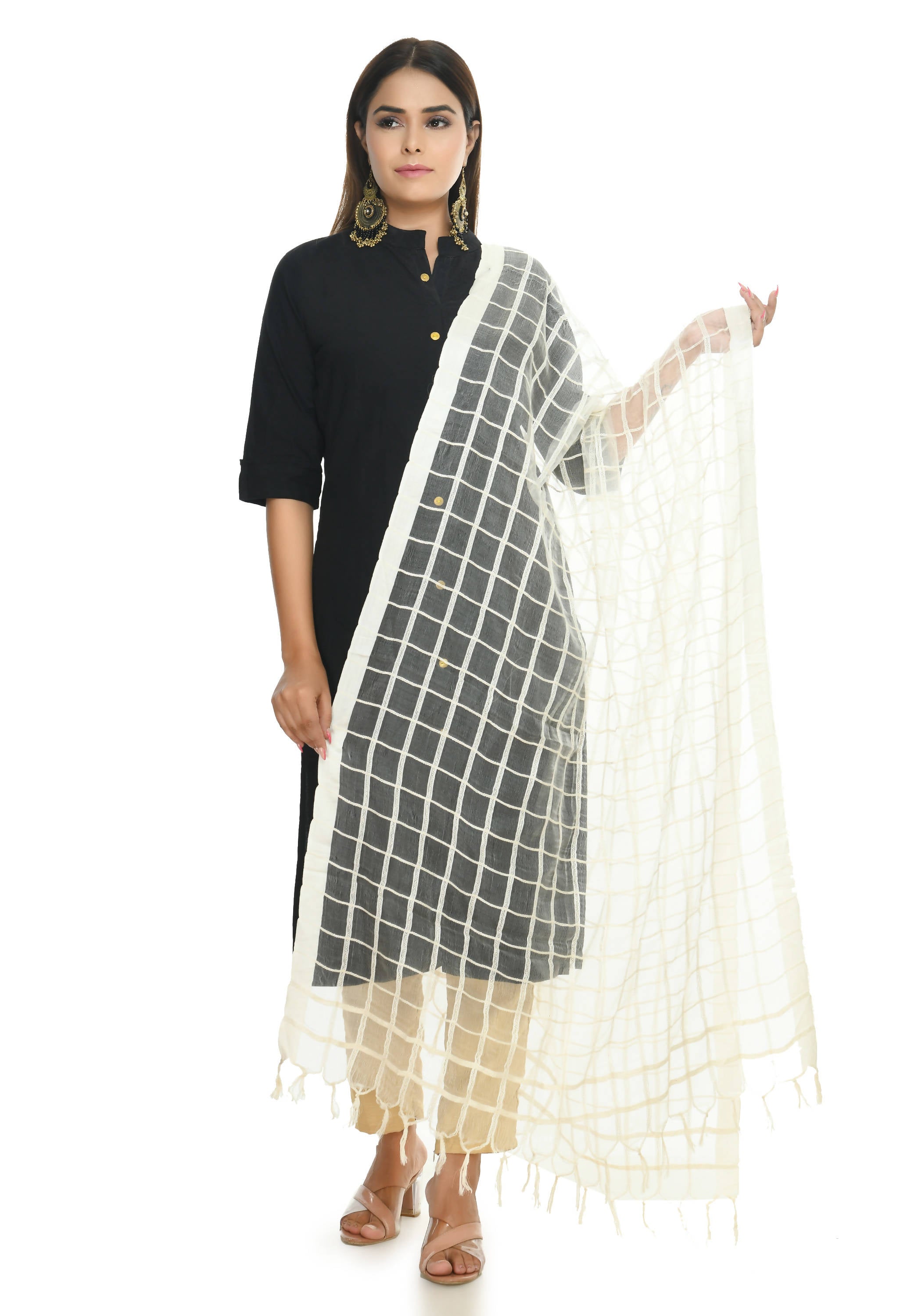 Women's Square Design Off White Dupatta & Chunni Mfd0008