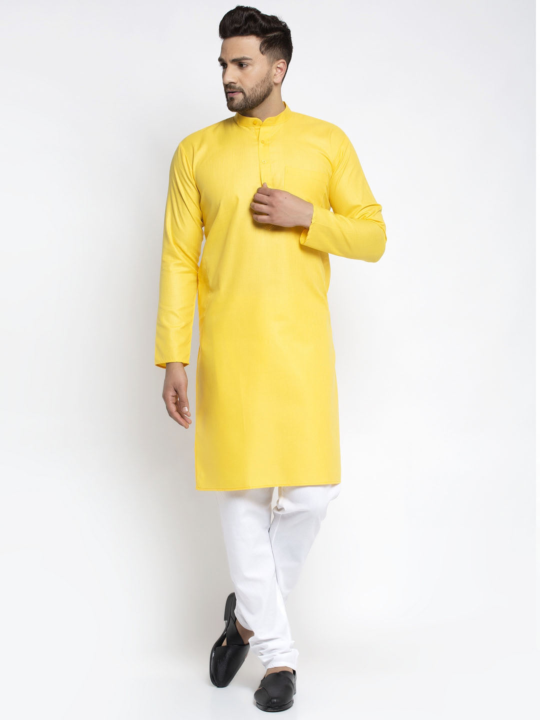 Men's Lemon Cotton Solid Kurta Payjama Sets ( JOKP 611 Lemon )